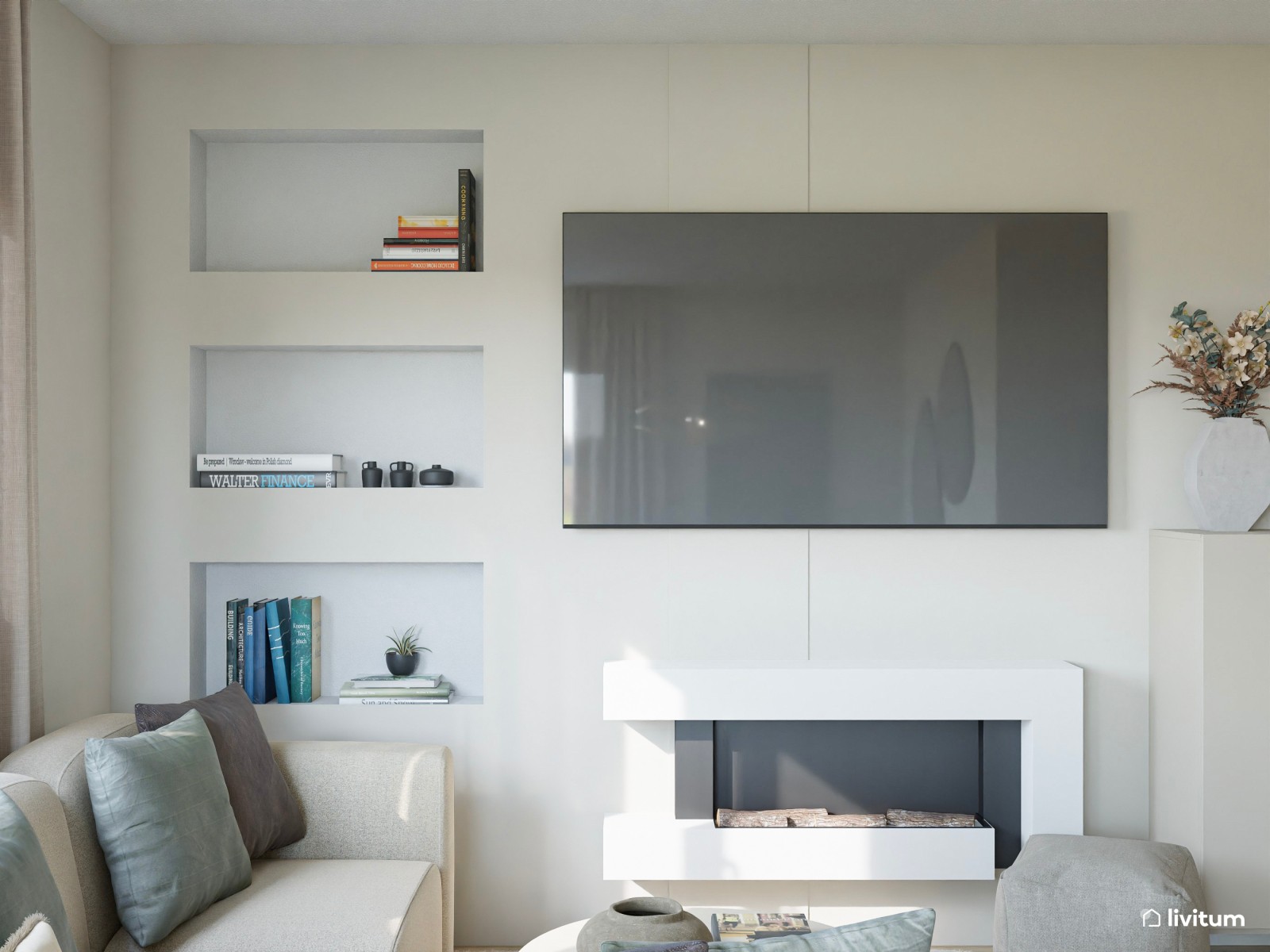 Salón comedor beige con detalles cálidos en gris y madera