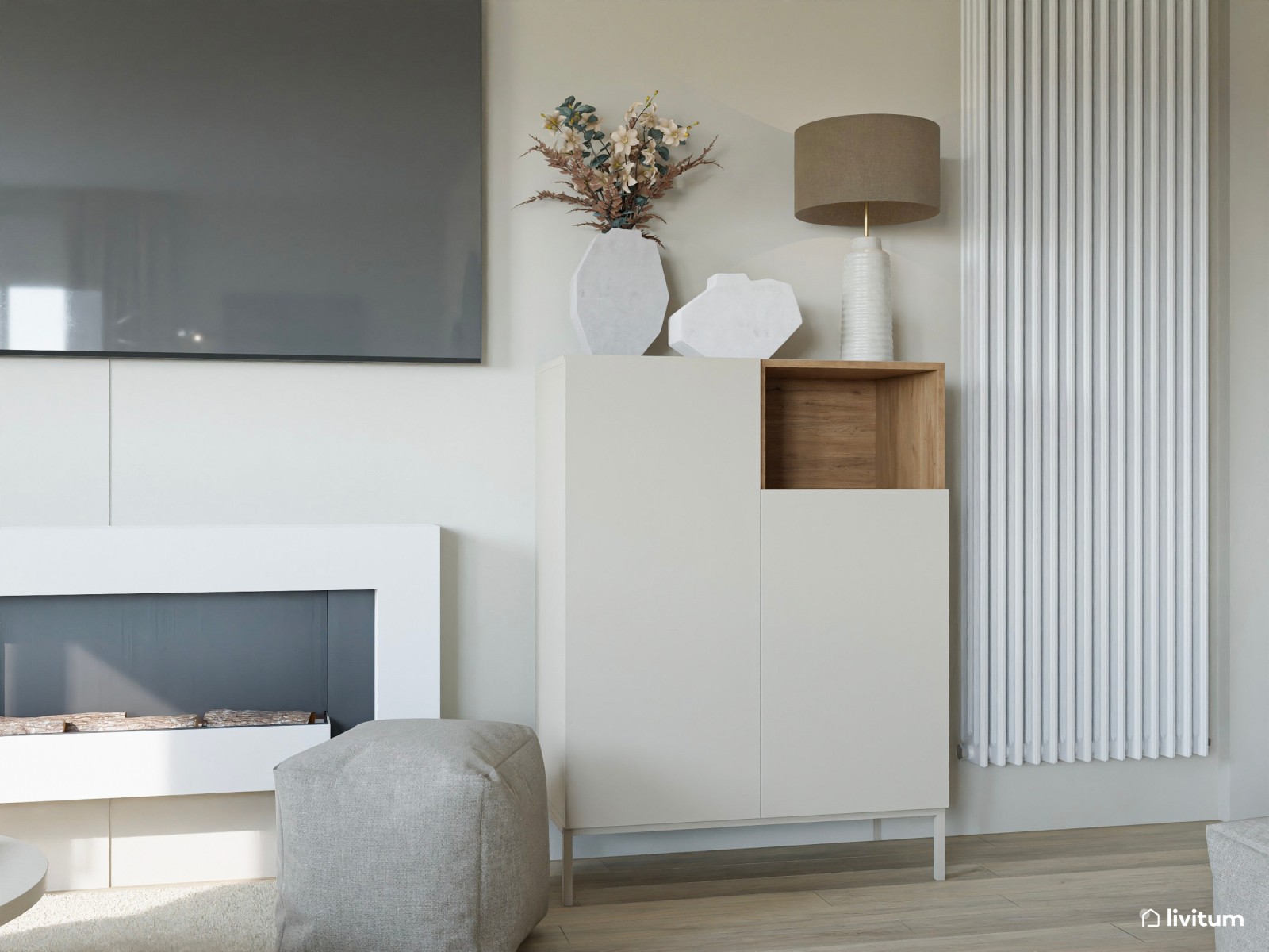 Salón comedor beige con detalles cálidos en gris y madera