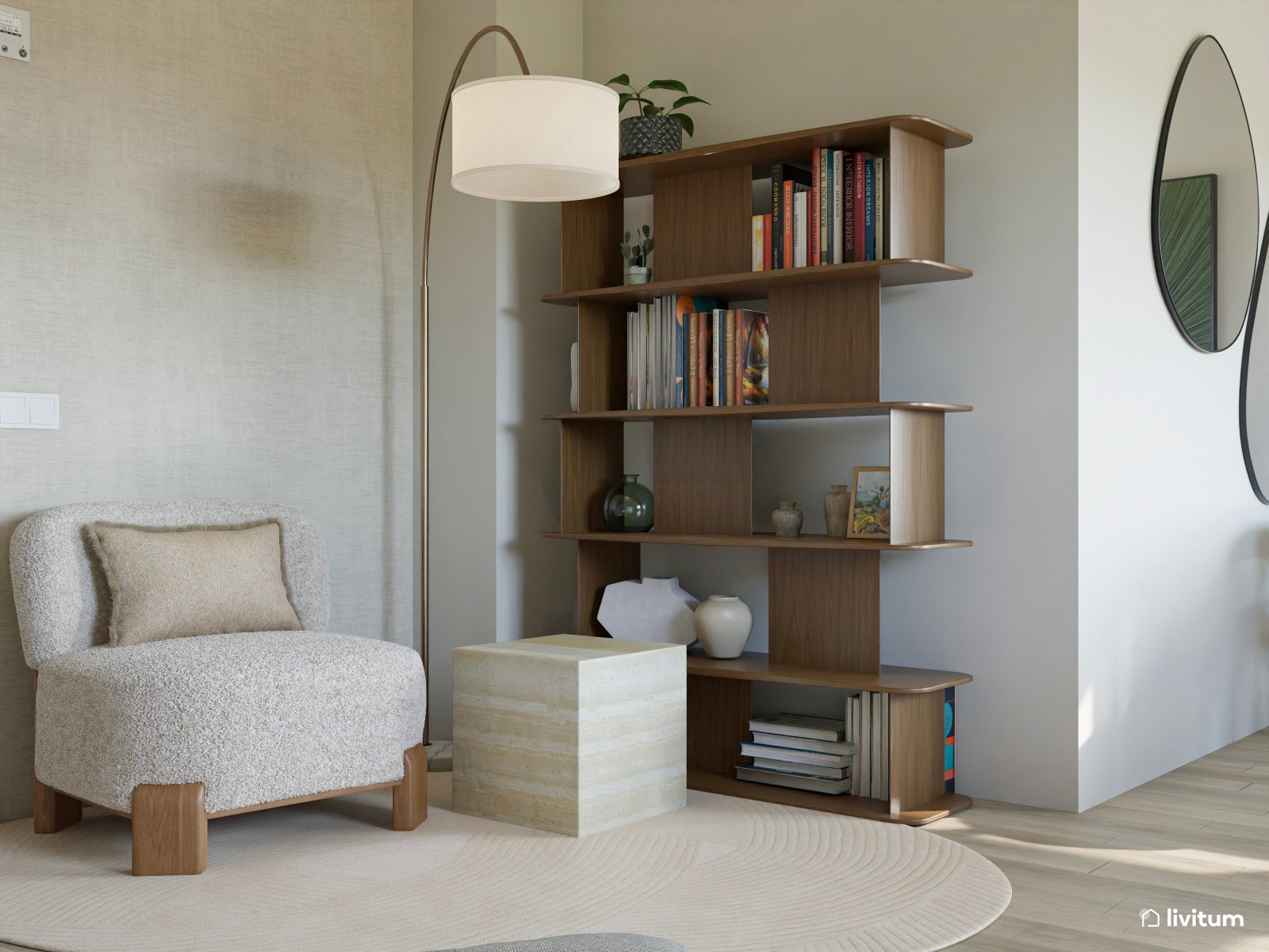 Salón comedor beige con detalles cálidos en gris y madera
