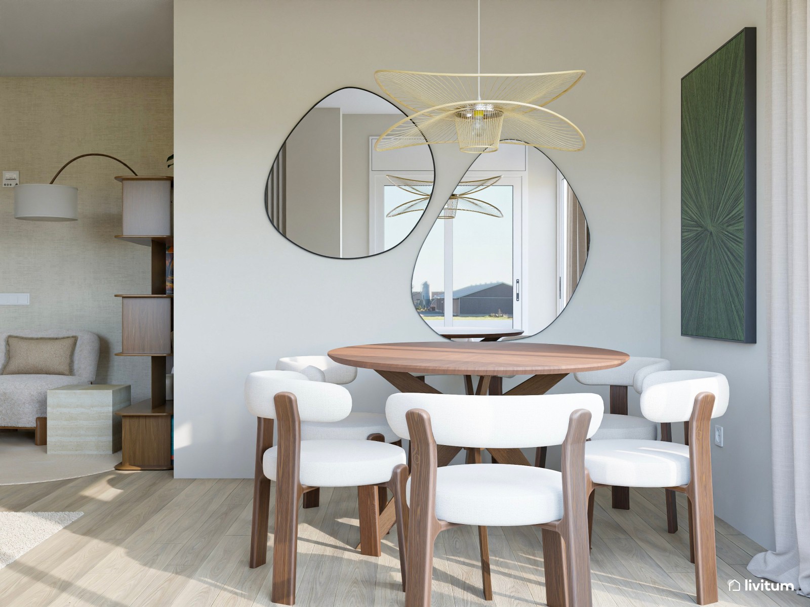 Salón comedor beige con detalles cálidos en gris y madera