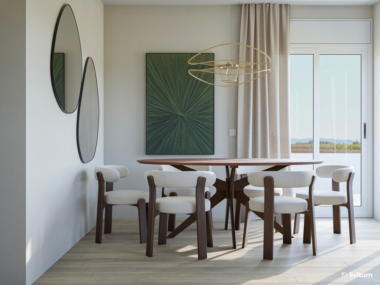 Salón comedor beige con detalles cálidos en gris y madera