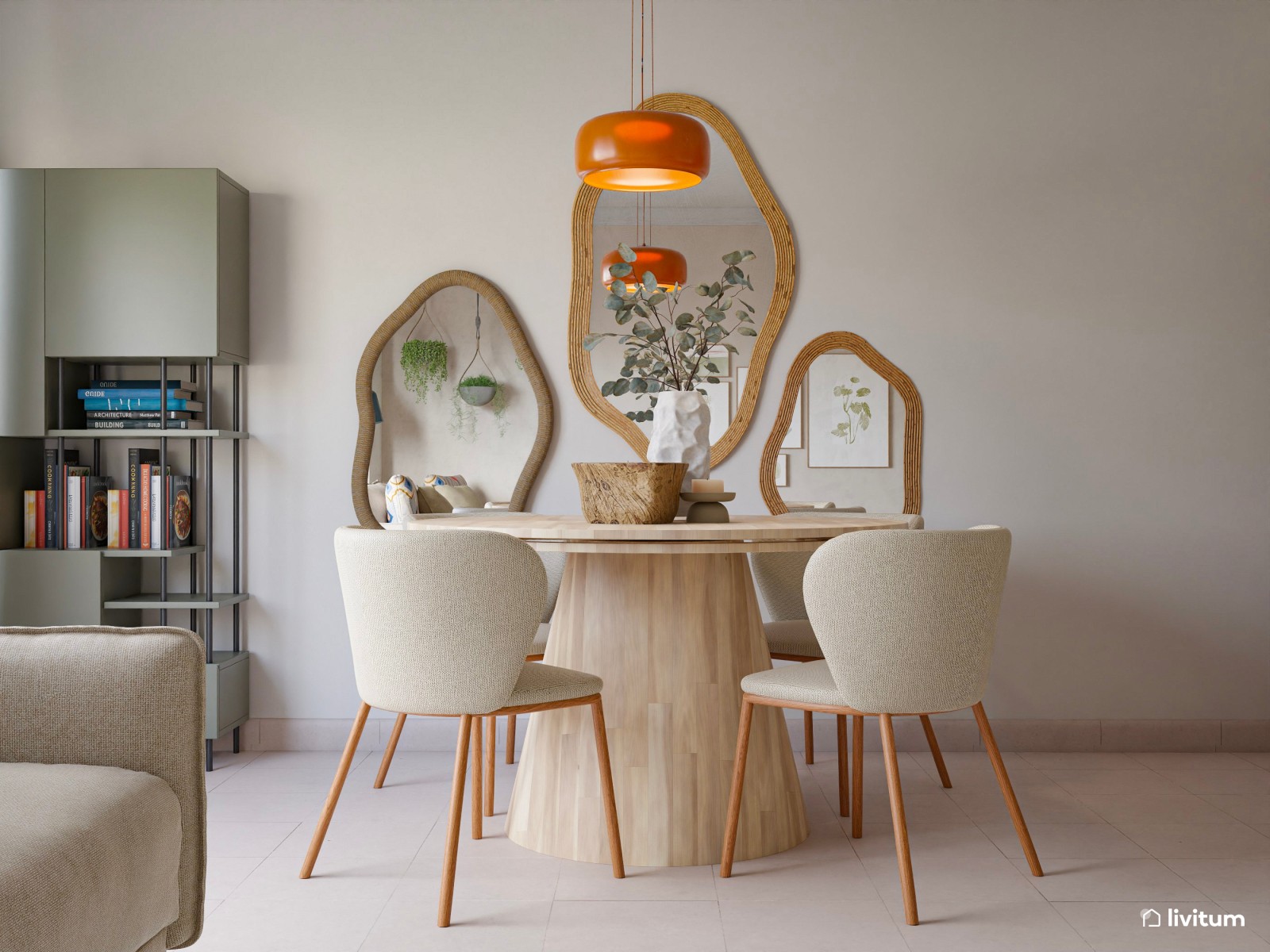 Salón comedor biofílico con espejos de ratán y toques en verde salvia