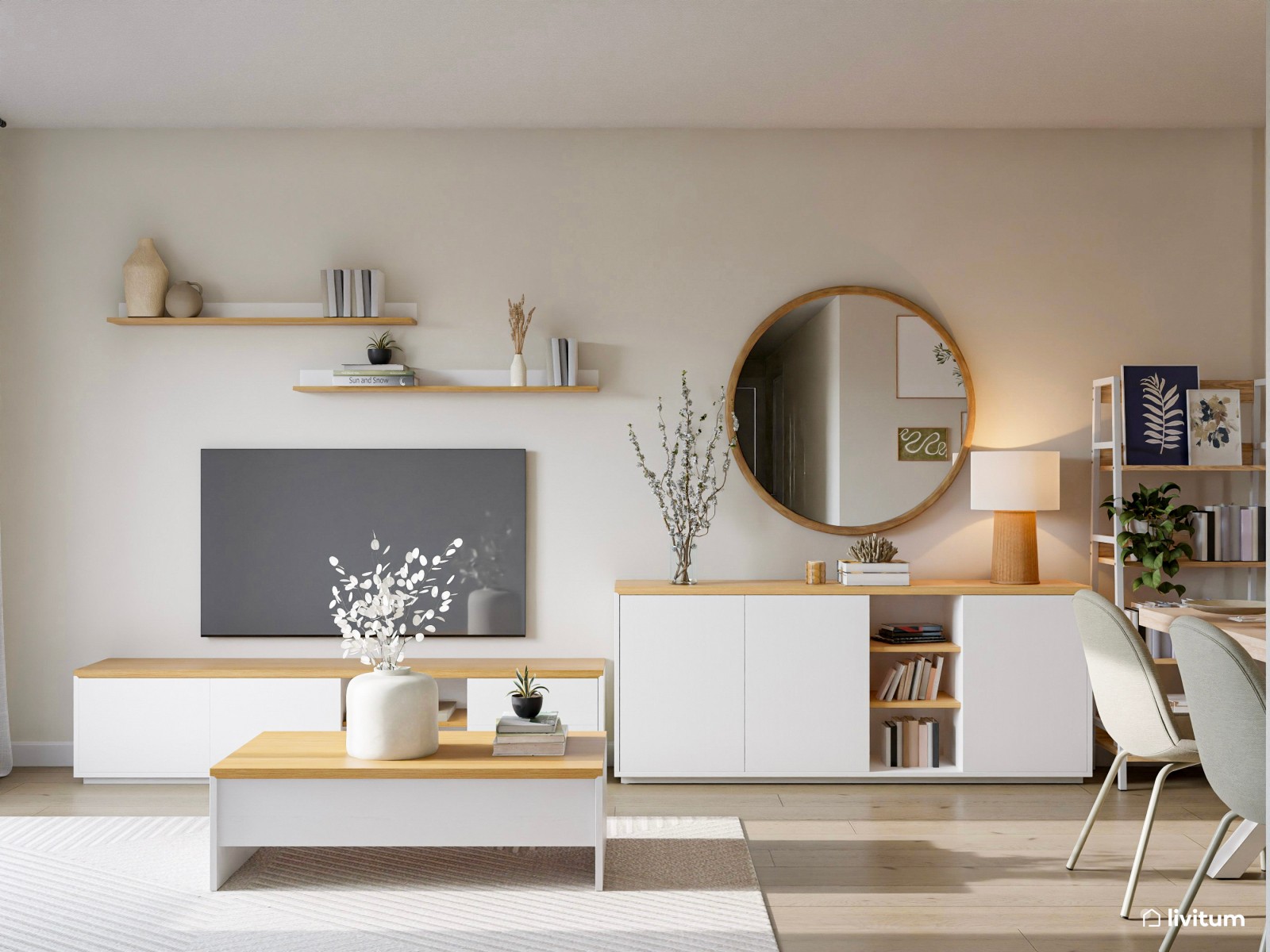 Salón comedor blanco con cocina abierta en terracota 