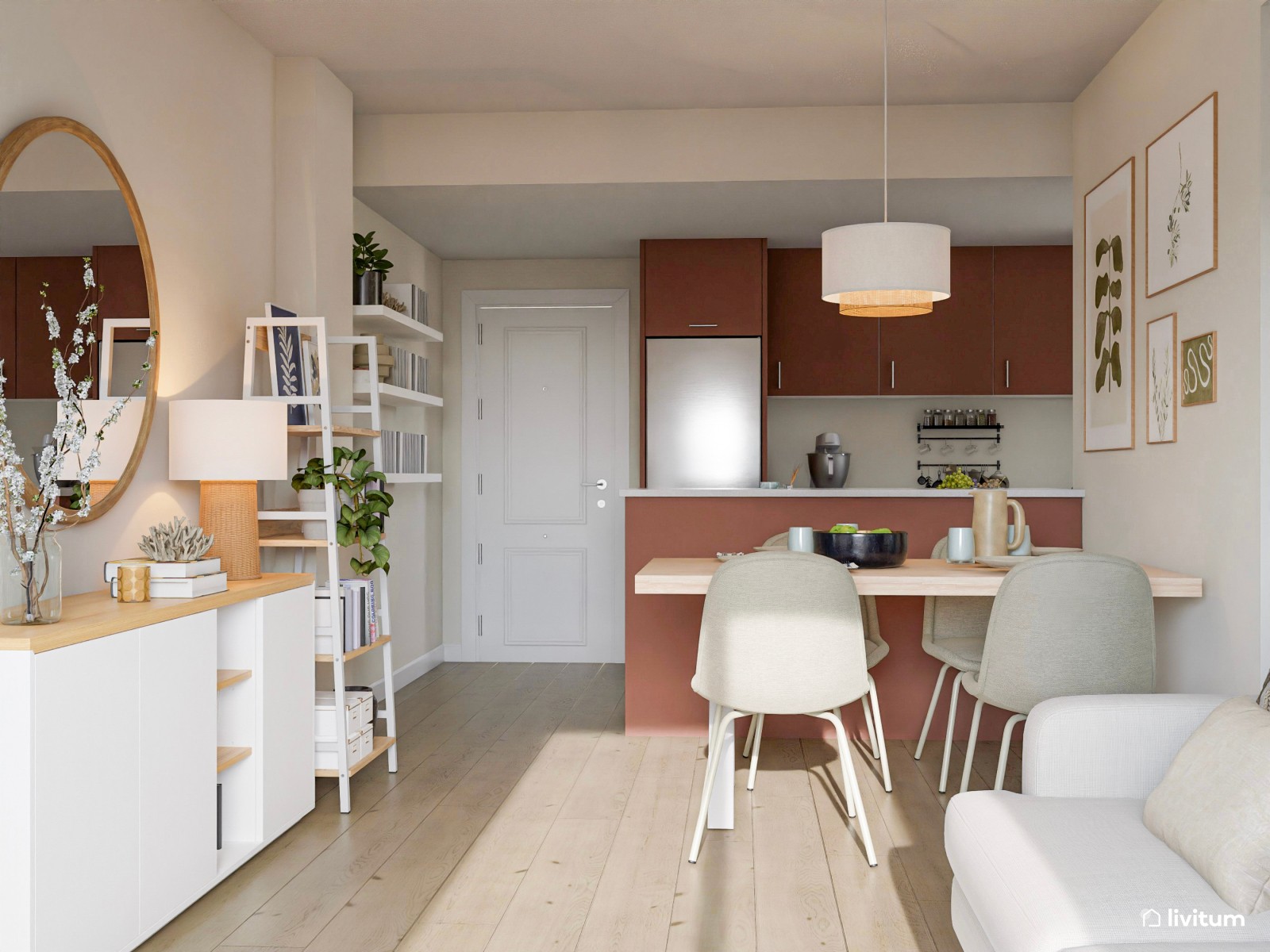 Salón comedor blanco con cocina abierta en terracota 