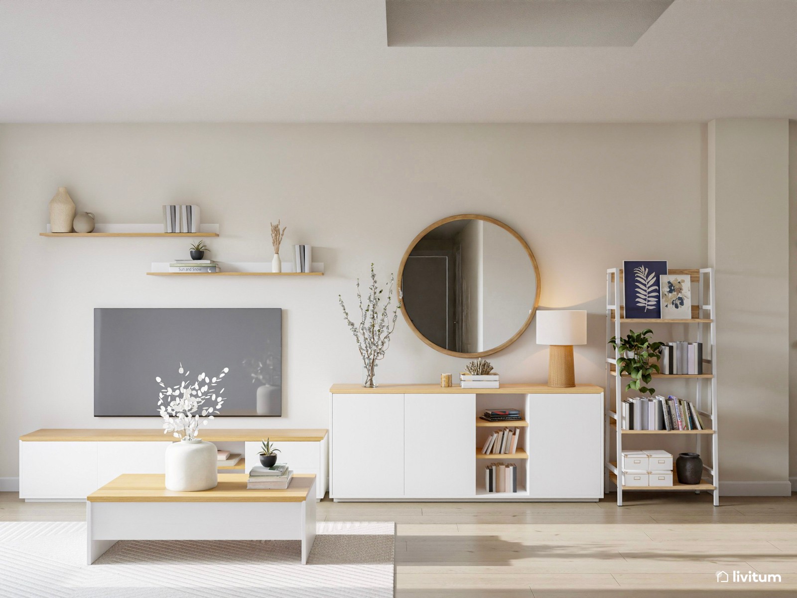 Salón comedor blanco con cocina abierta en terracota 