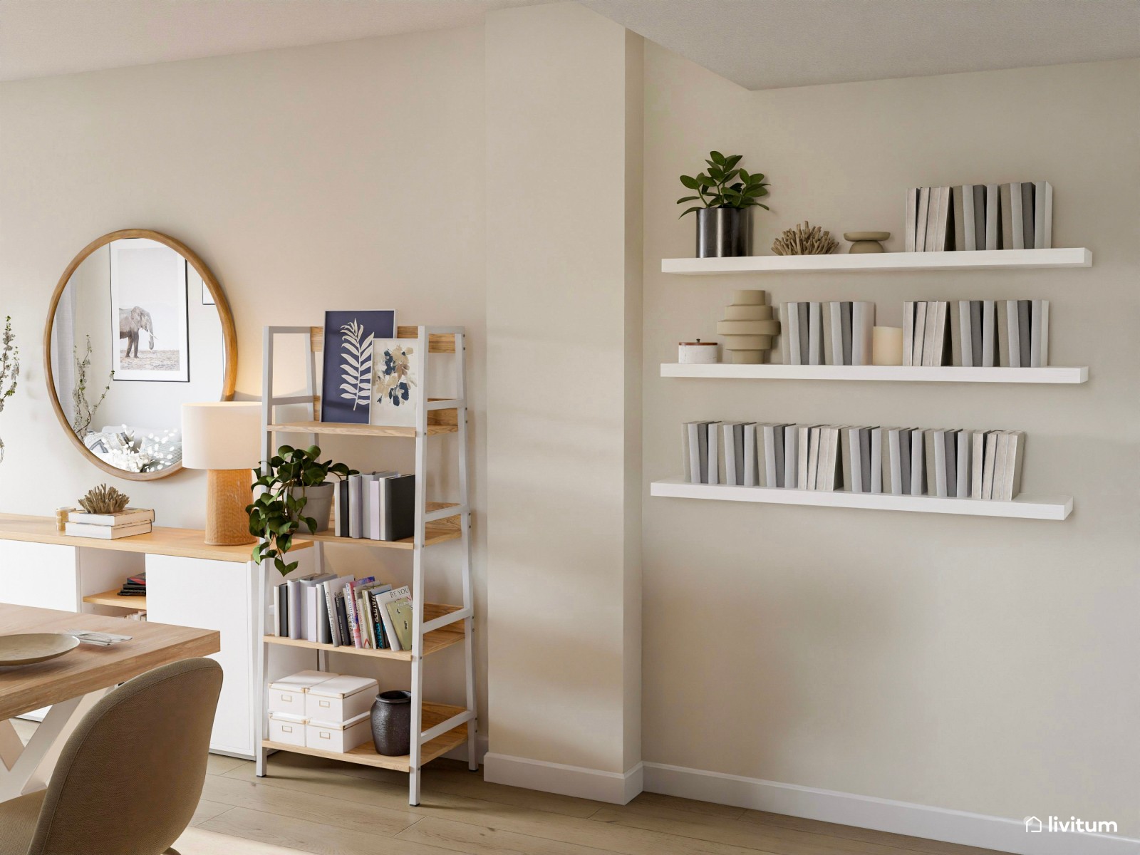Salón comedor blanco con cocina abierta en terracota 