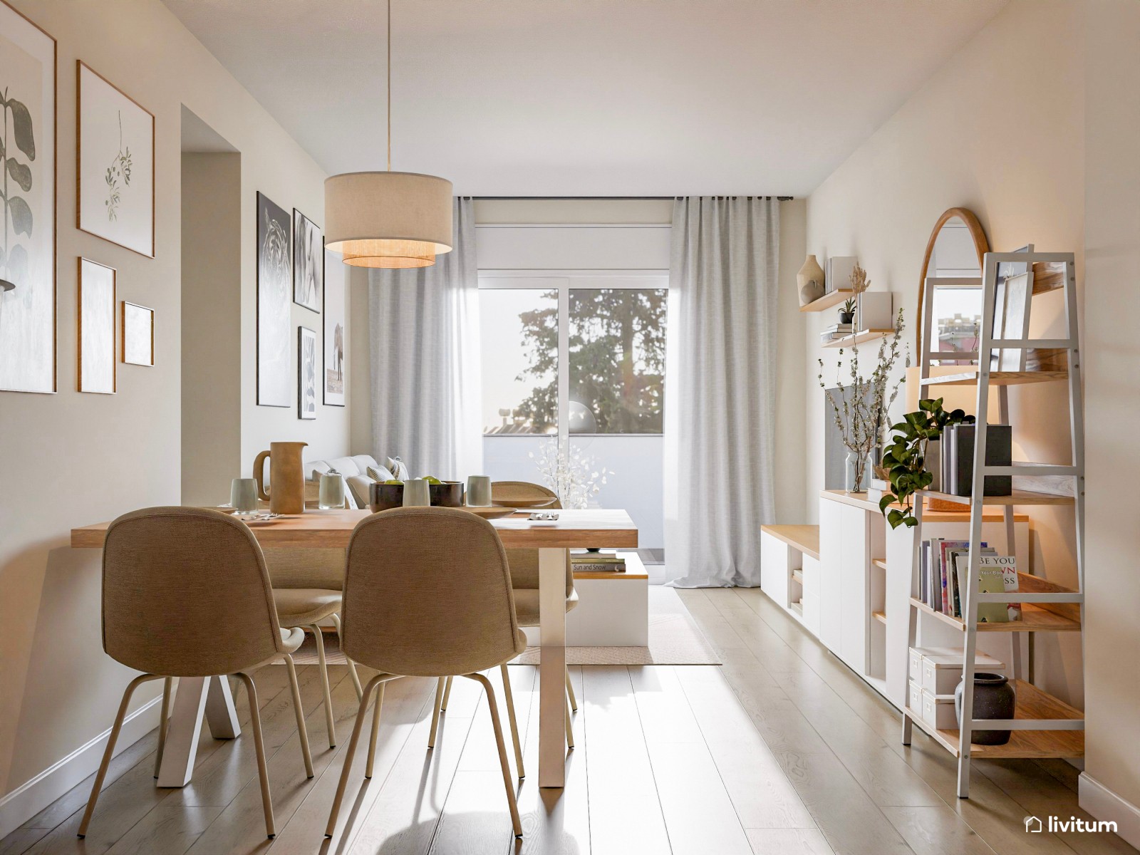 Salón comedor blanco con cocina abierta en terracota 