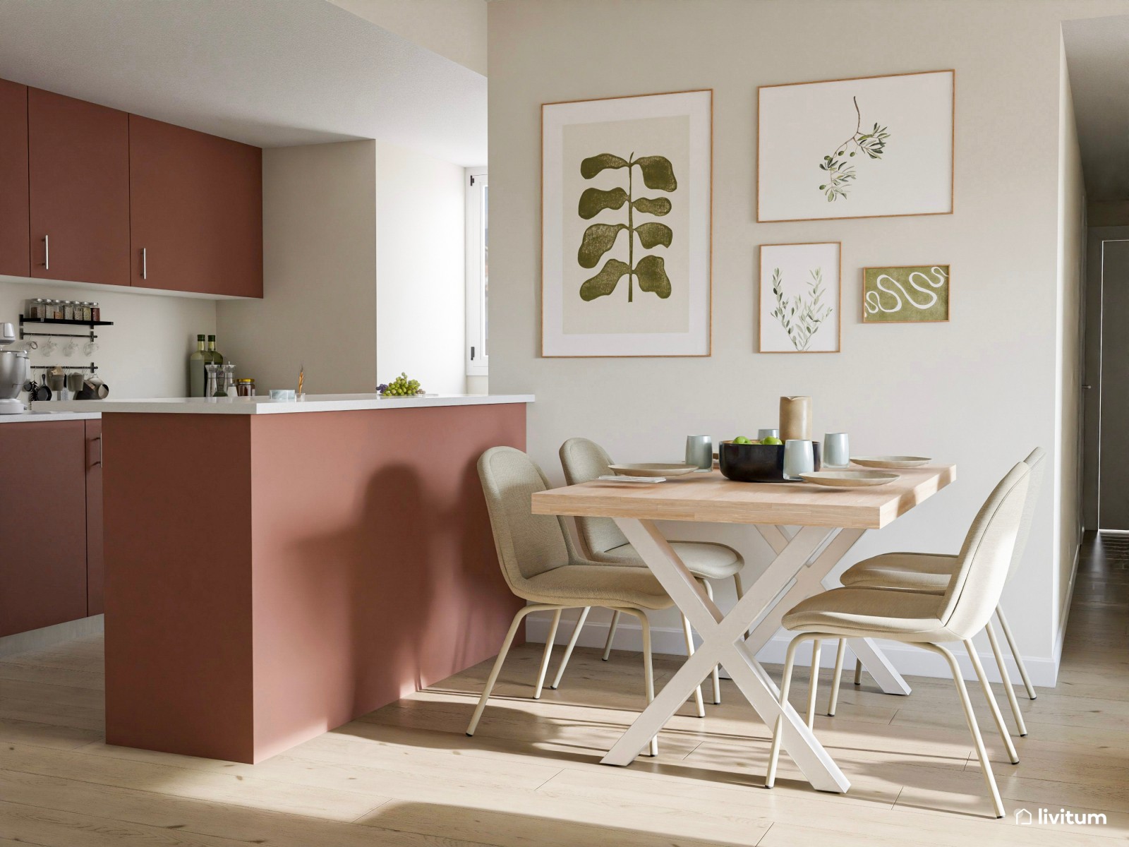 Salón comedor blanco con cocina abierta en terracota 