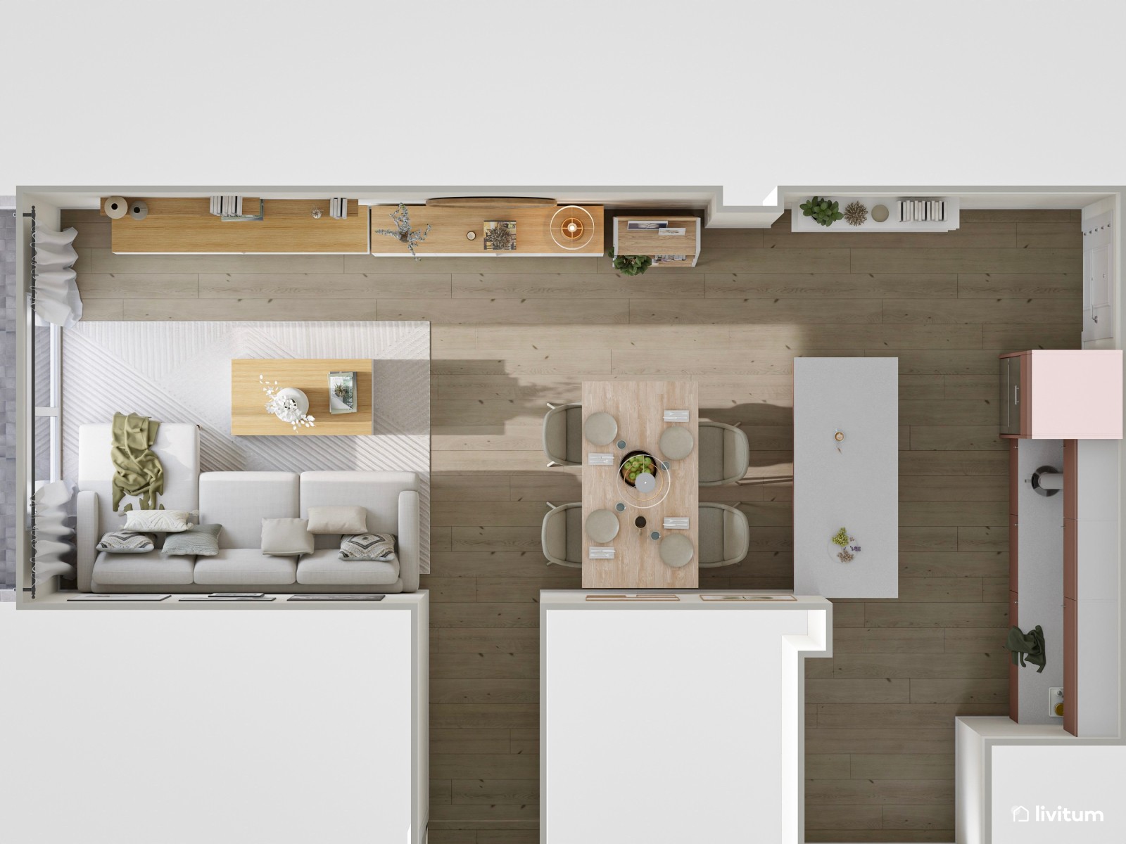 Salón comedor blanco con cocina abierta en terracota 