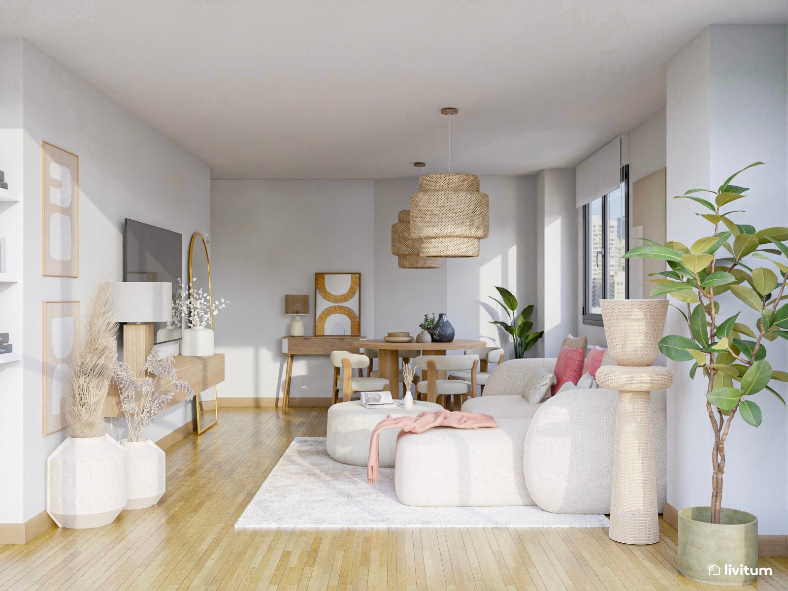 Salón comedor blanco con muchos detalles bolt y acentos de madera y rosa