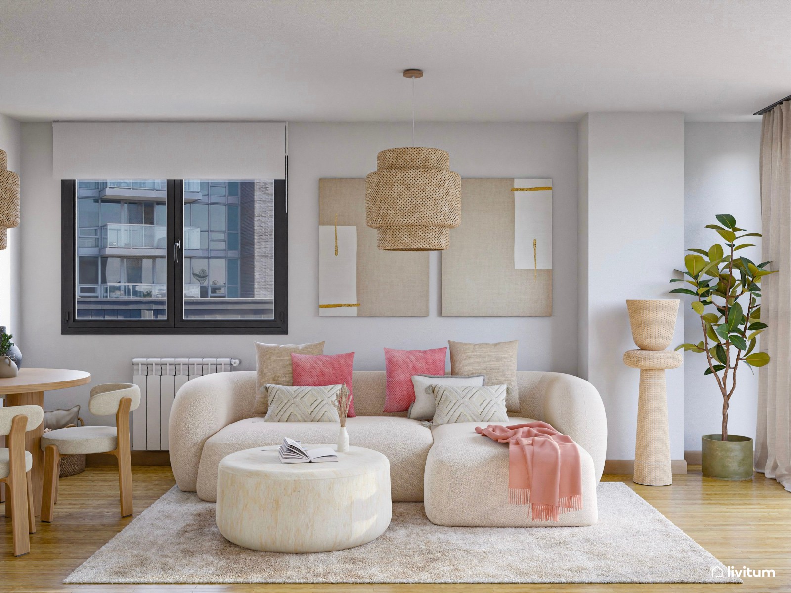 Salón comedor blanco con muchos detalles bolt y acentos de madera y rosa