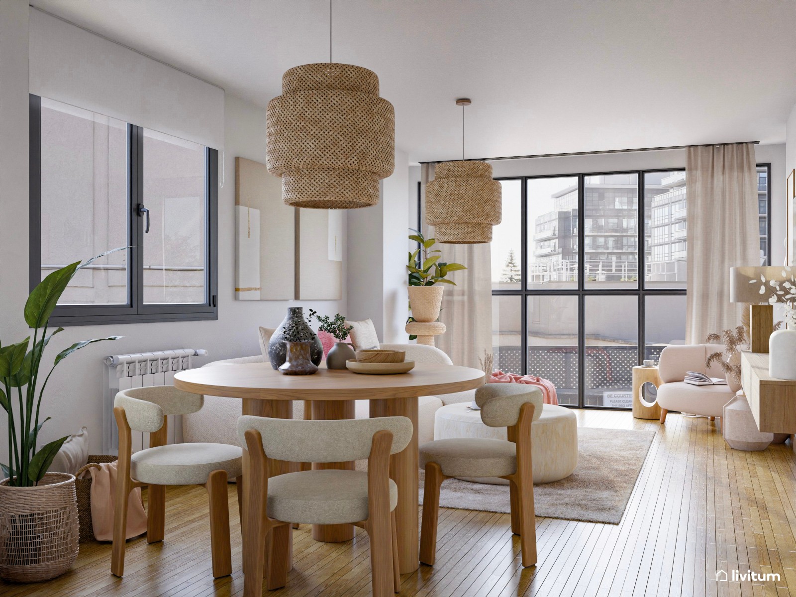 Salón comedor blanco con muchos detalles curvos y acentos de madera y rosa