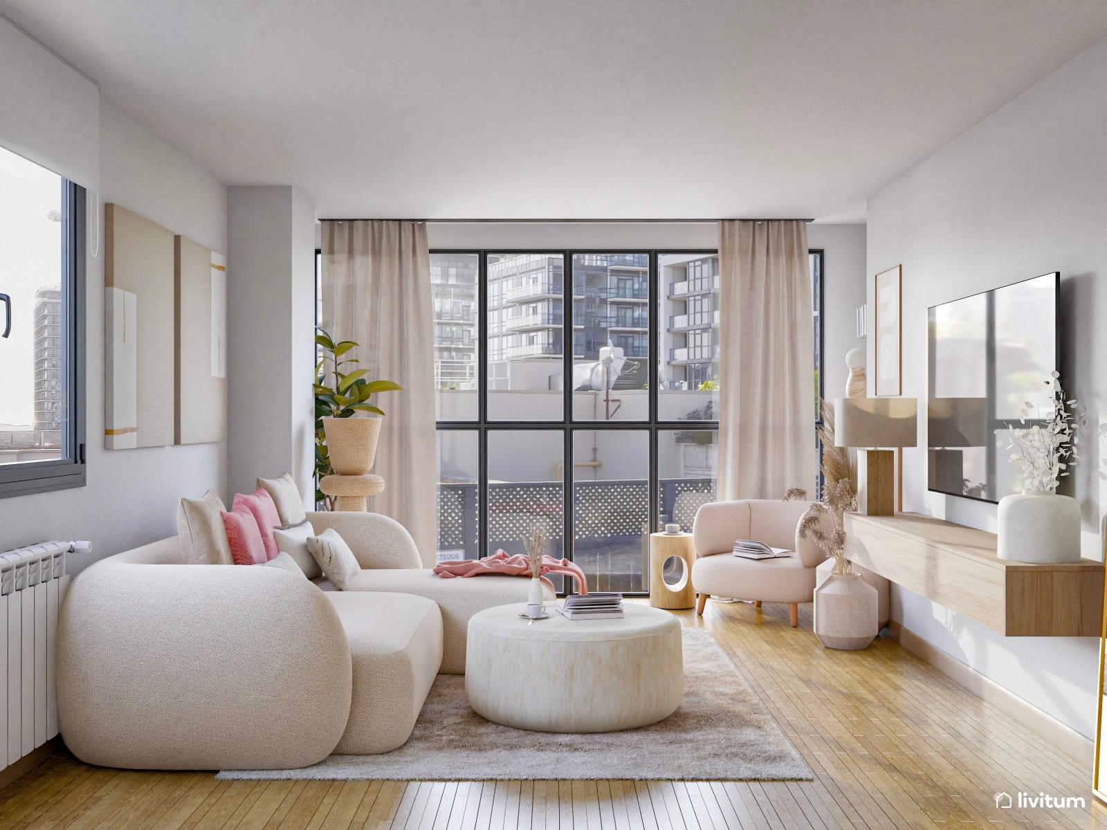 Salón comedor blanco con muchos detalles curvos y acentos de madera y rosa