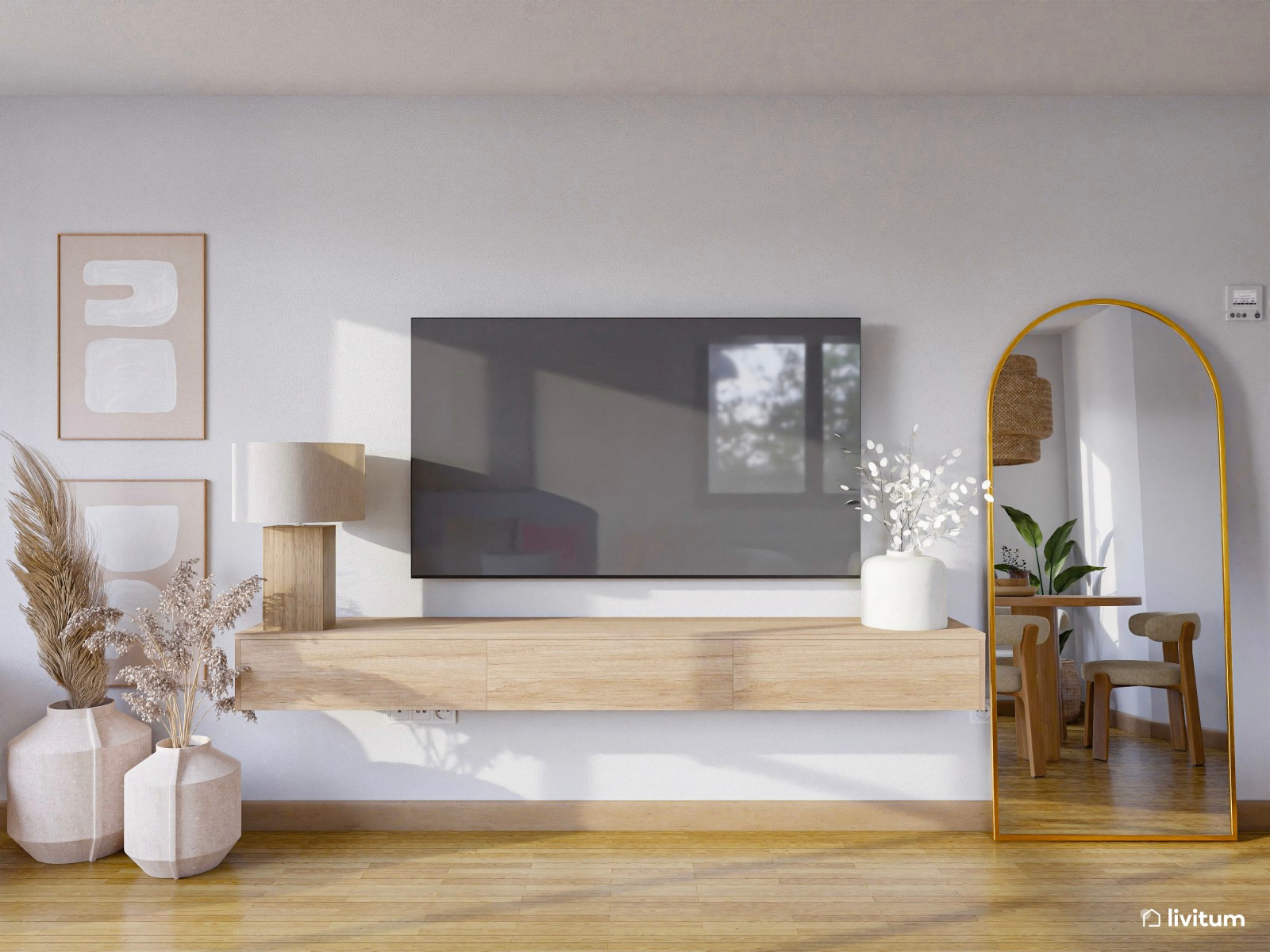 Salón comedor blanco con muchos detalles curvos y acentos de madera y rosa