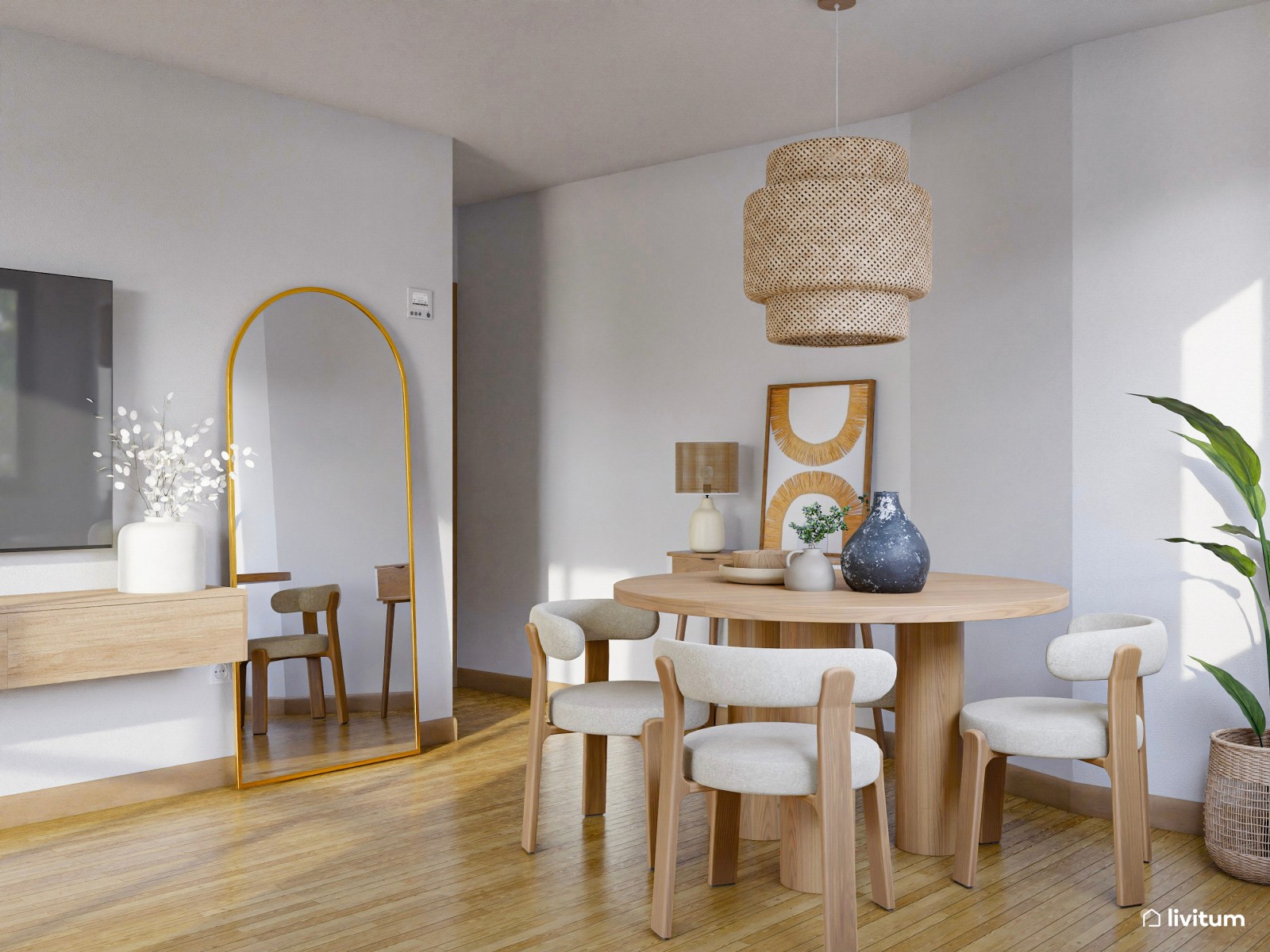 Salón comedor blanco con muchos detalles curvos y acentos de madera y rosa