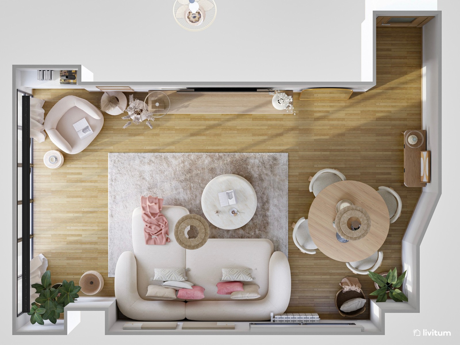 Salón comedor blanco con muchos detalles curvos y acentos de madera y rosa