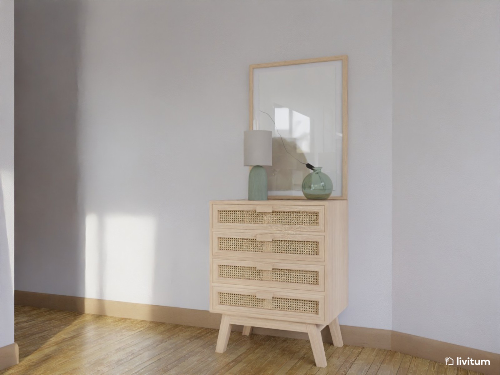 Salón comedor blanco con muchos detalles curvos y acentos de madera y rosa