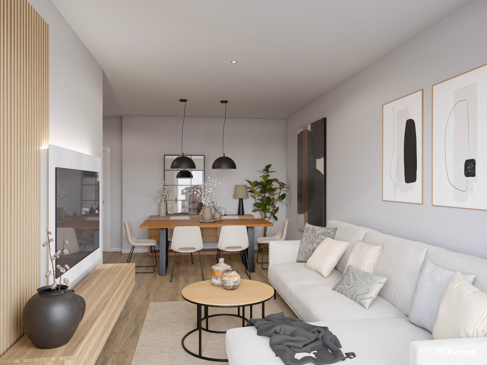 Salón comedor blanco en forma de L con detalles negros que elevan el diseño