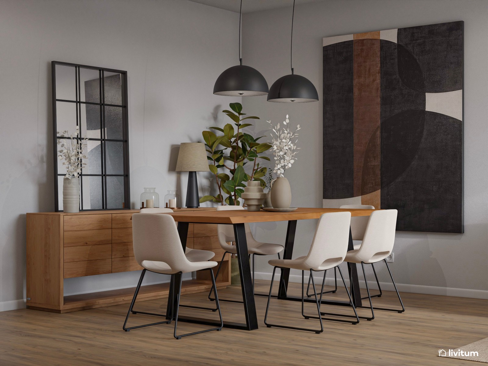 Salón comedor blanco en forma de L con detalles negros que elevan el diseño