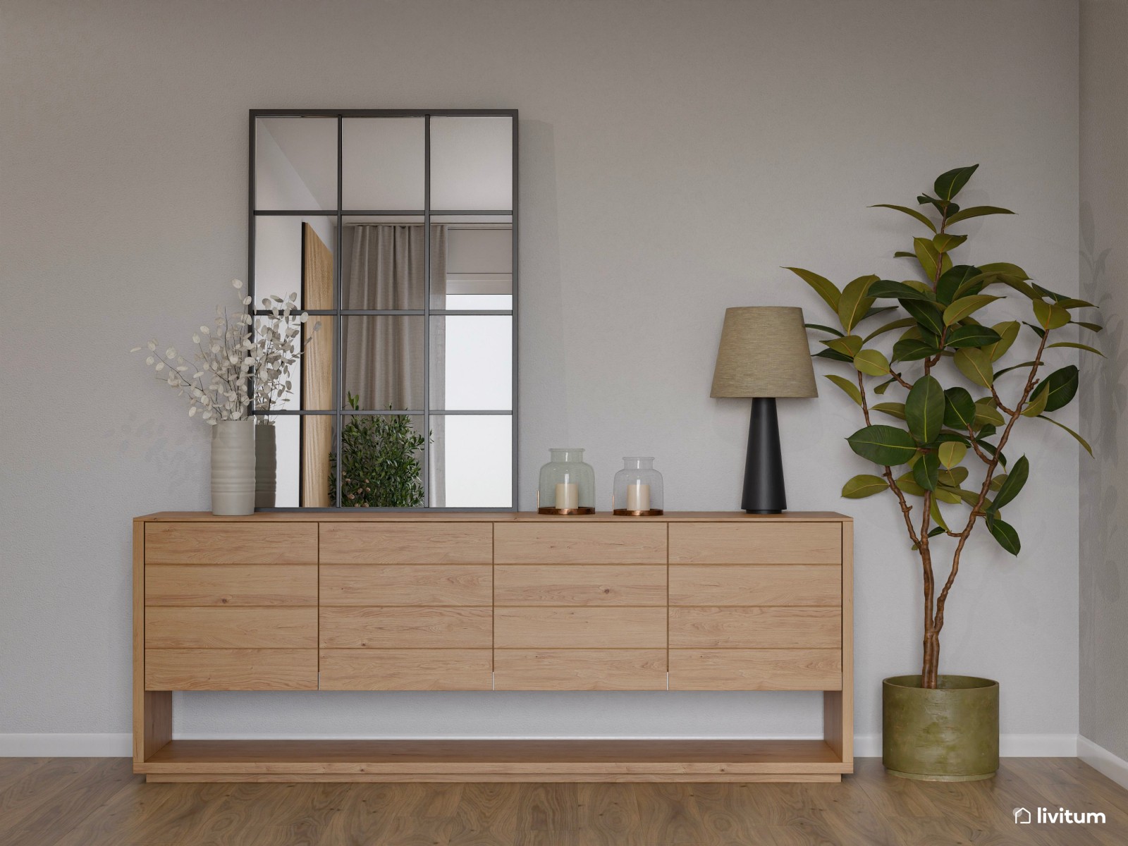 Salón comedor blanco en forma de L con detalles negros que elevan el diseño