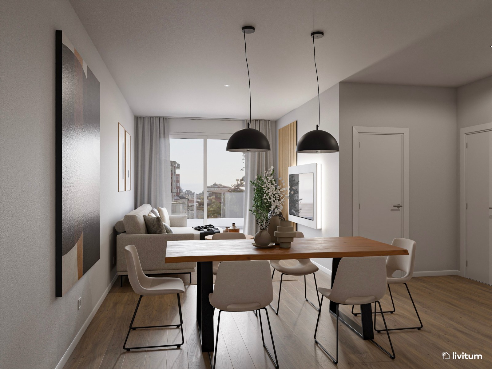 Salón comedor blanco en forma de L con detalles negros que elevan el diseño