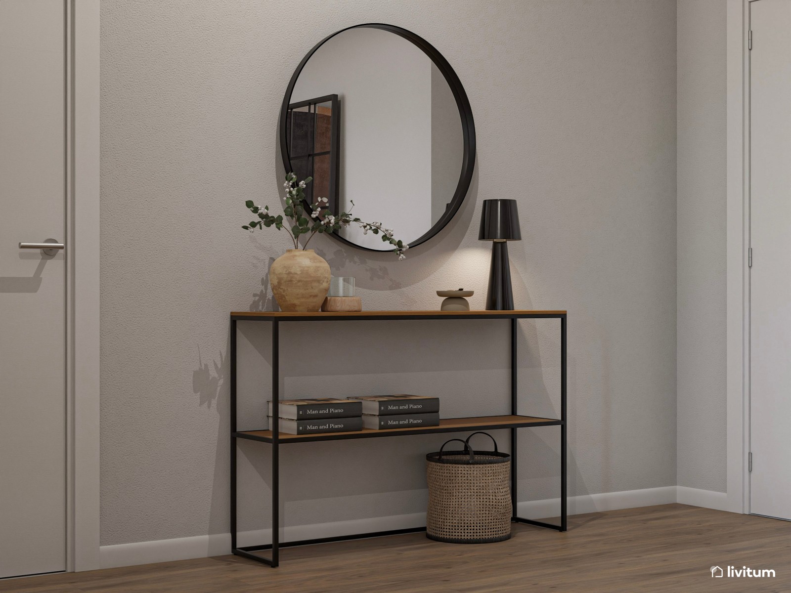 Salón comedor blanco en forma de L con detalles negros que elevan el diseño