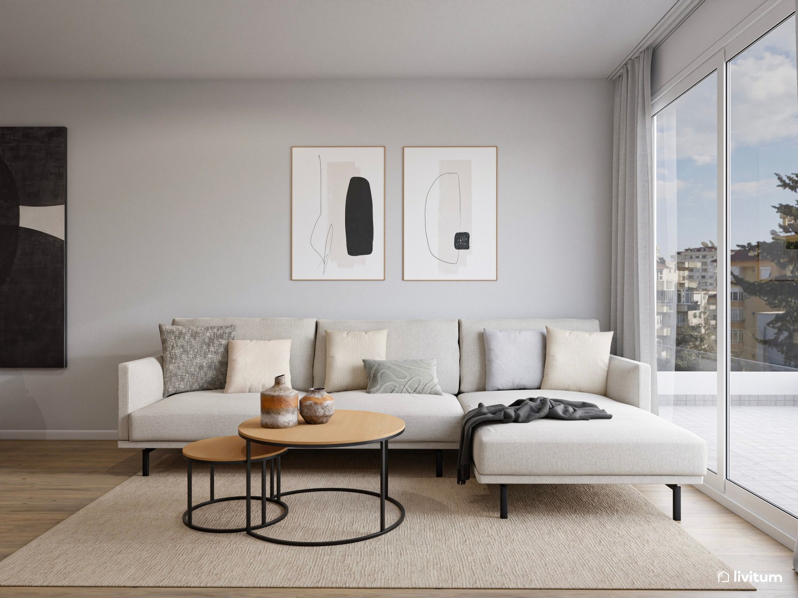 Salón comedor blanco en forma de L con detalles negros que elevan el diseño