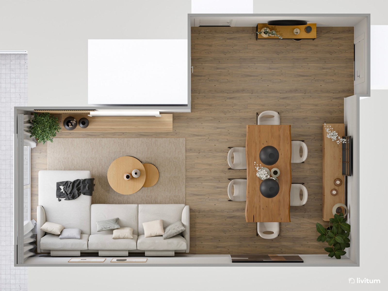 Salón comedor blanco en forma de L con detalles negros que elevan el diseño