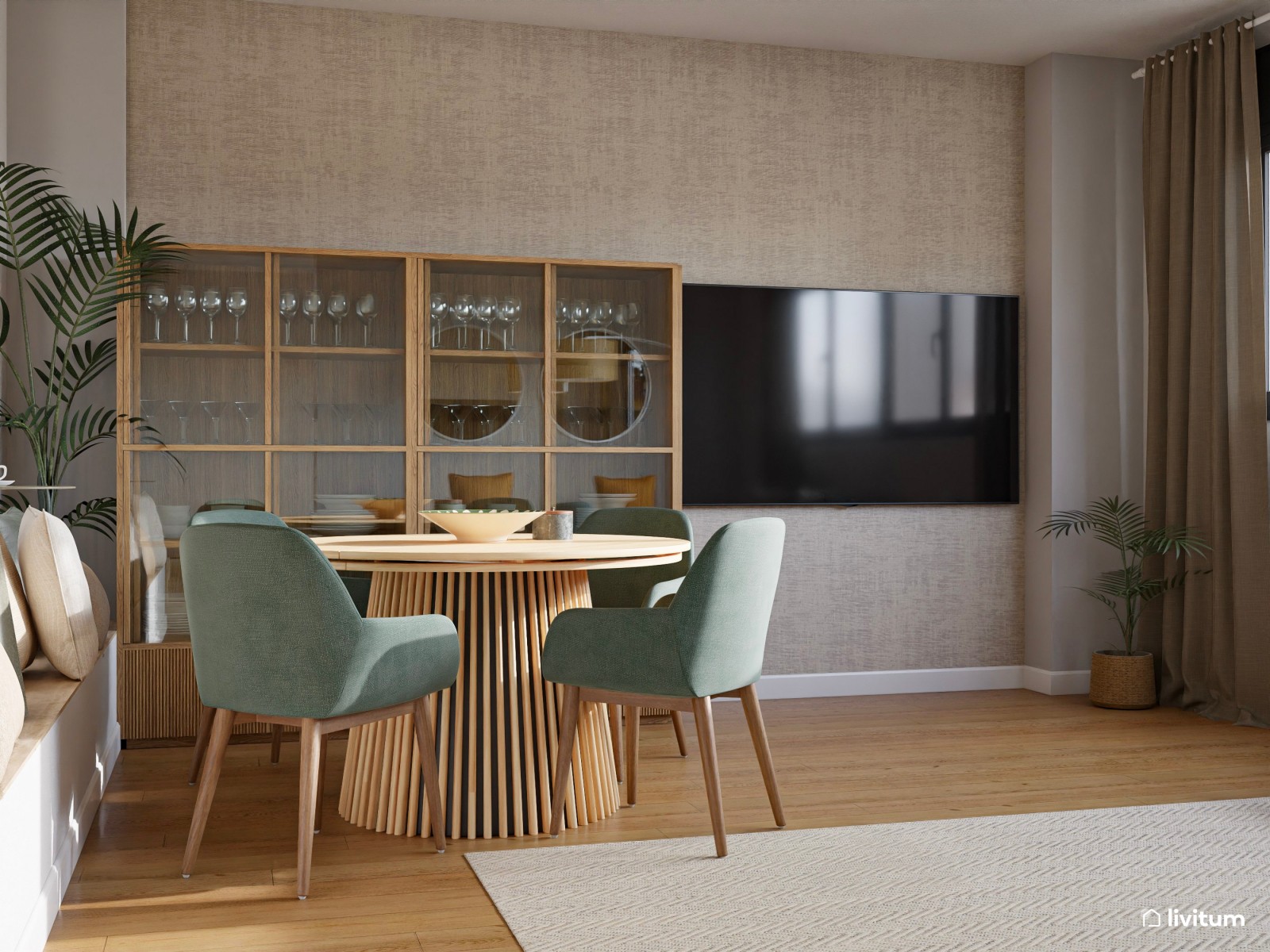 Salón comedor bohemio con sillas verdes y vitrinas de madera y cristal