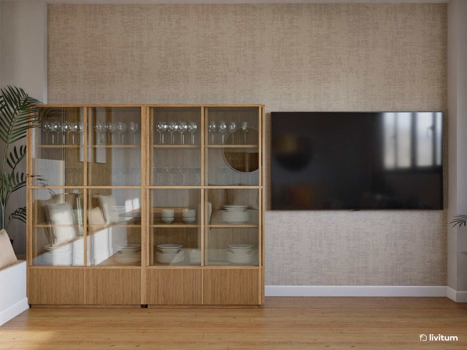 Salón comedor bohemio con sillas verdes y vitrinas de madera y cristal