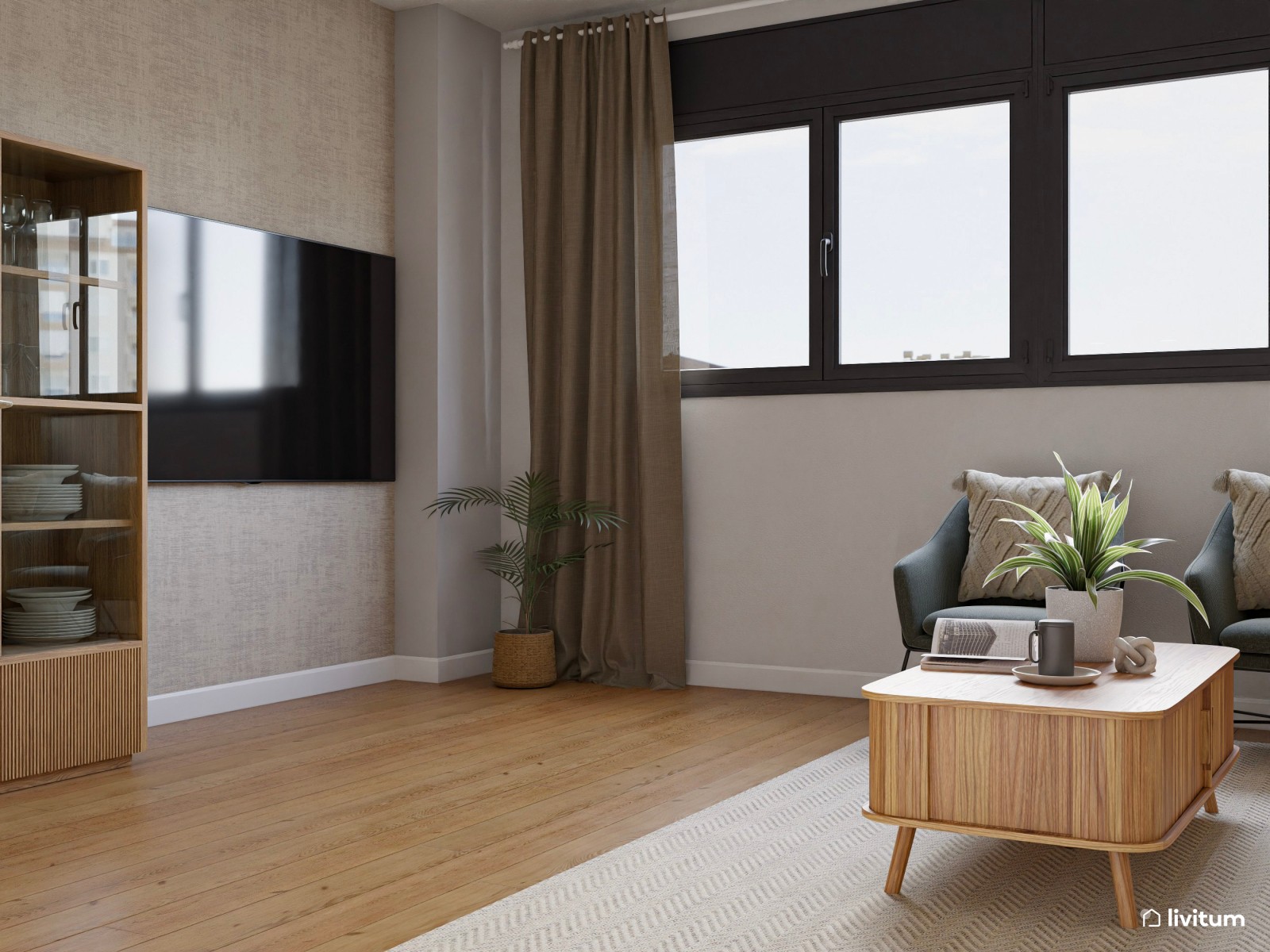 Salón comedor bohemio con sillas verdes y vitrinas de madera y cristal