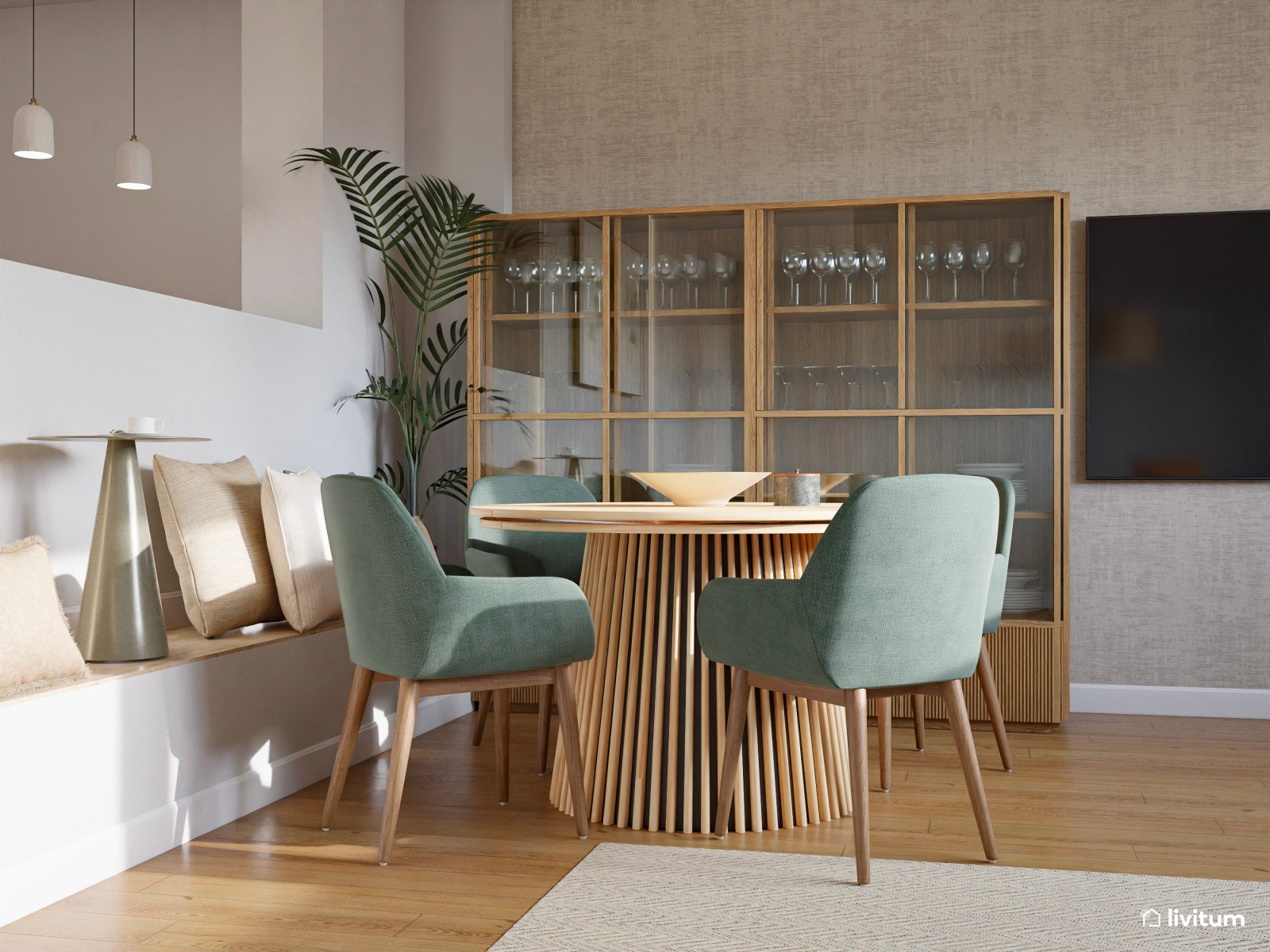 Salón comedor bohemio con sillas verdes y vitrinas de madera y cristal