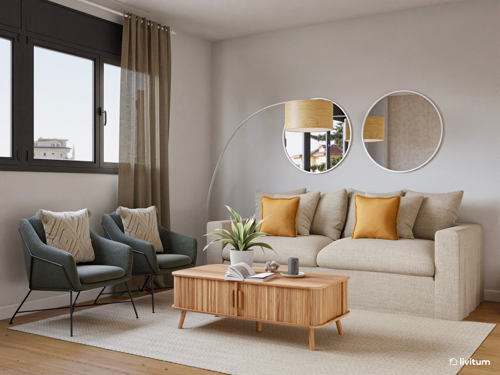 Salón comedor bohemio con sillas verdes y vitrinas de madera y cristal