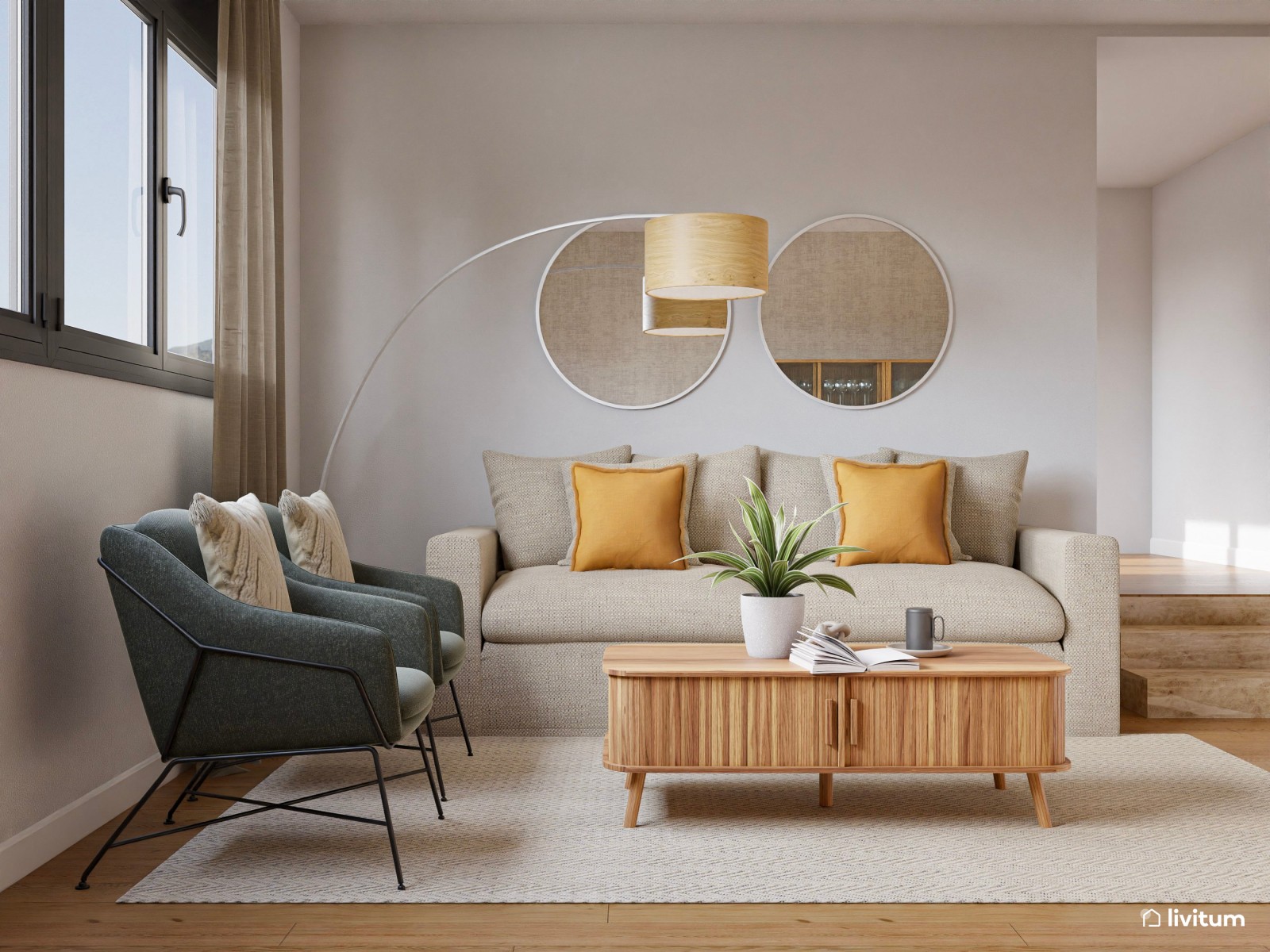 Salón comedor bohemio con sillas verdes y vitrinas de madera y cristal