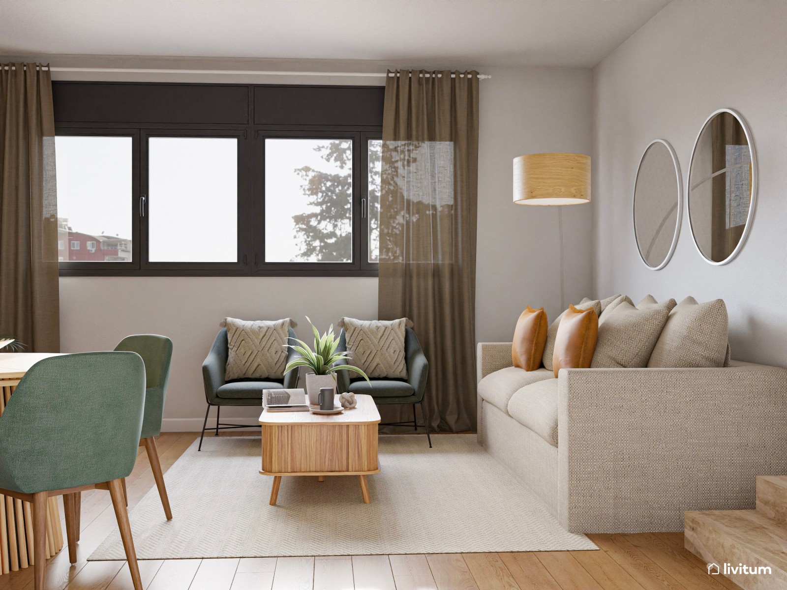 Salón comedor bohemio con sillas verdes y vitrinas de madera y cristal