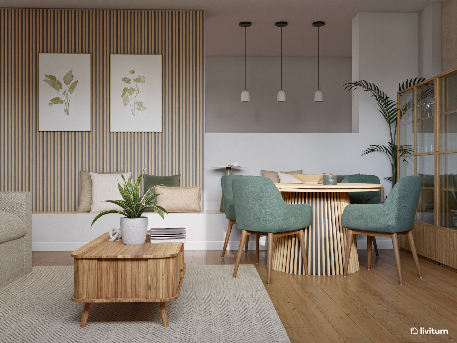 Salón comedor bohemio con sillas verdes y vitrinas de madera y cristal