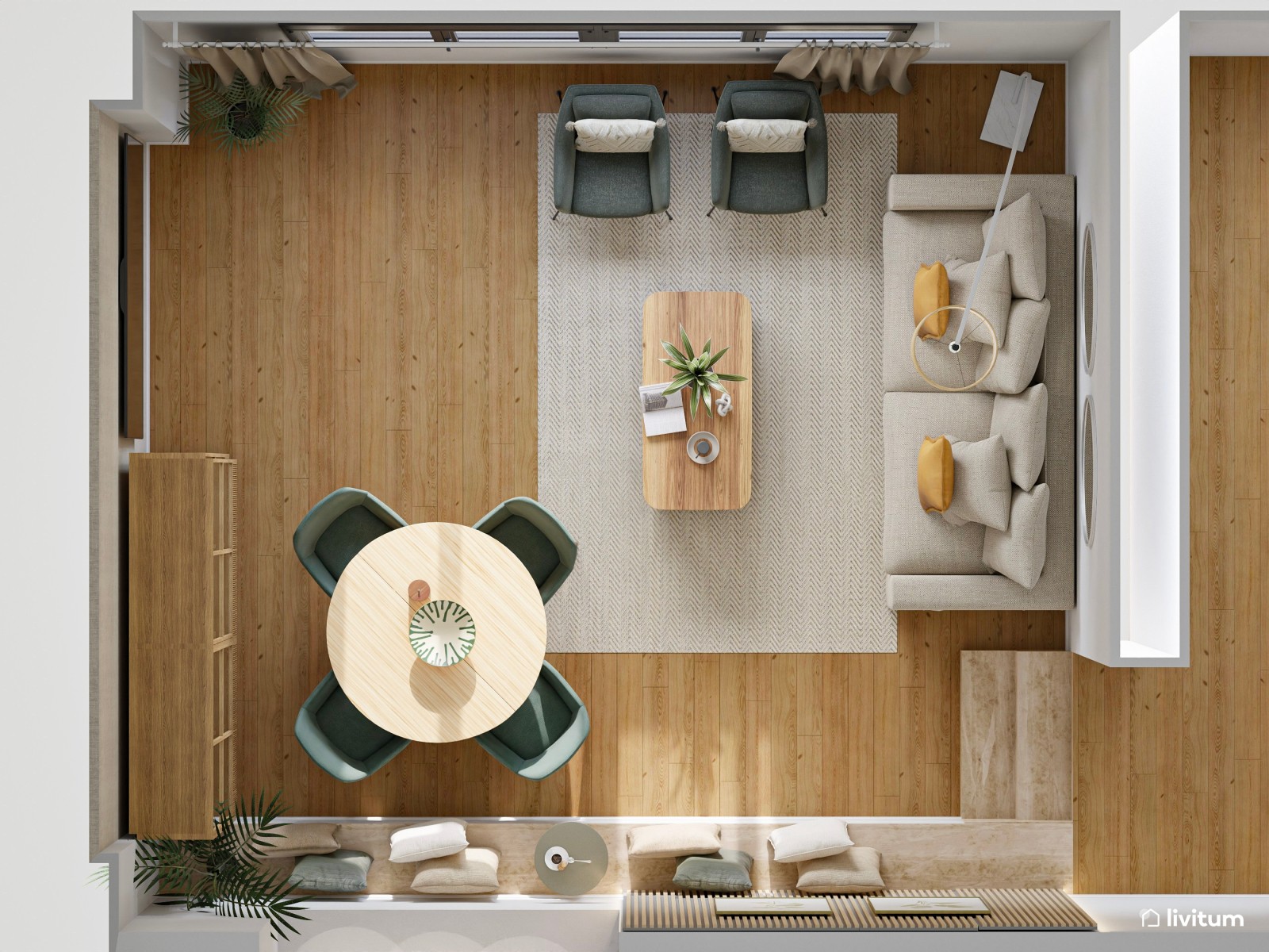 Salón comedor bohemio con sillas verdes y vitrinas de madera y cristal