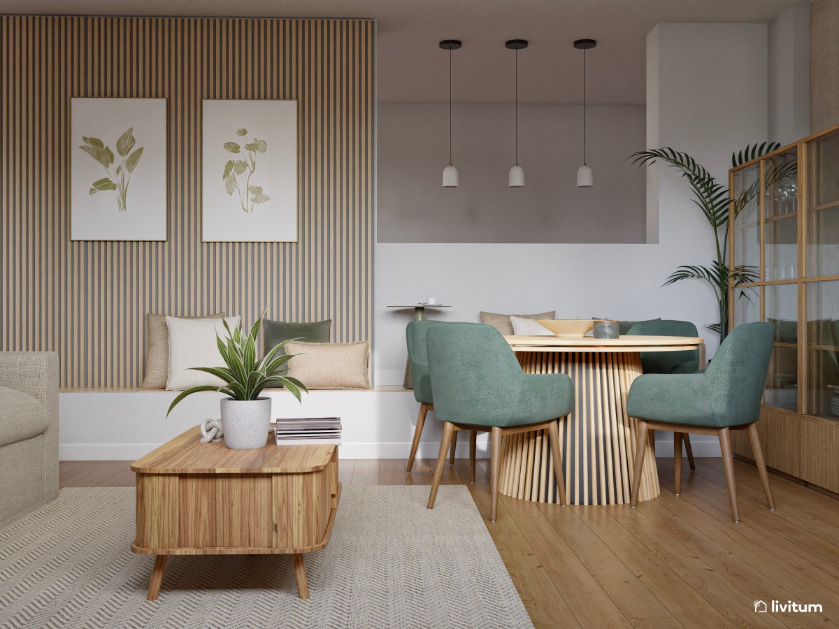 Salón comedor bohemio con sillas verdes y vitrinas de madera y cristal