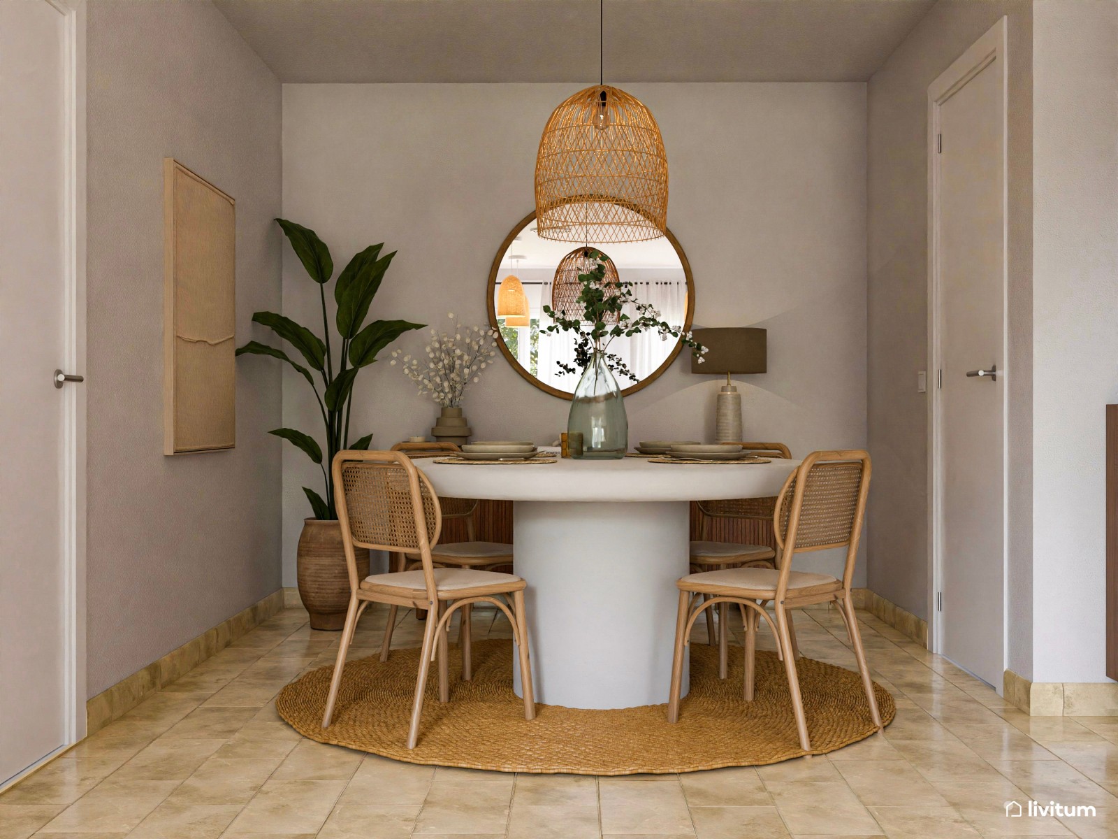 Salón comedor bohemio en colores cálidos y toques naturales