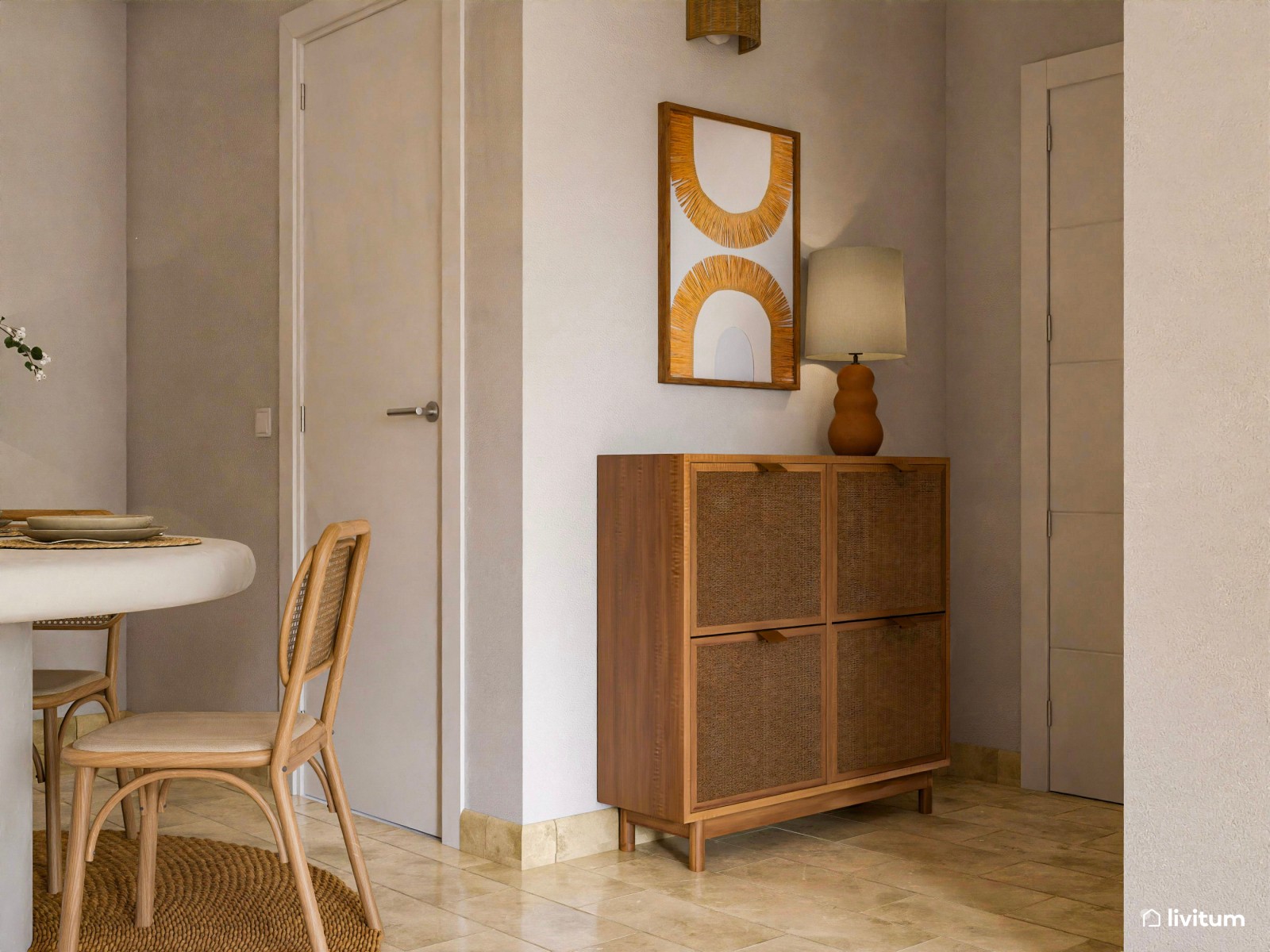 Salón comedor bohemio en colores cálidos y toques naturales