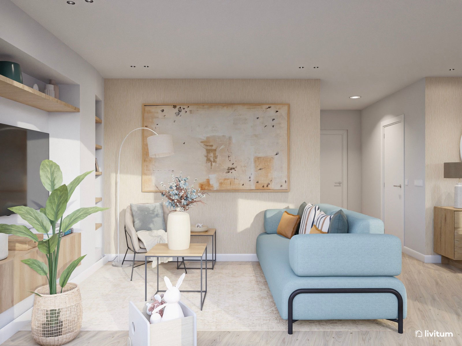 Salón comedor bohemio en tonos claros con acentos en celeste pastel