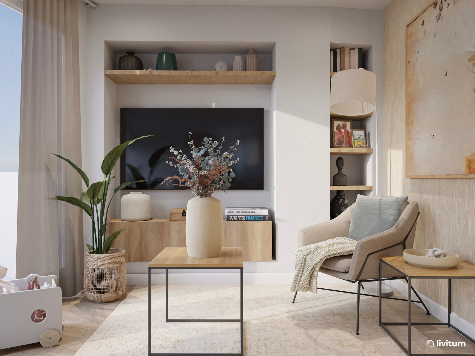 Salón comedor bohemio en tonos claros con acentos en celeste pastel