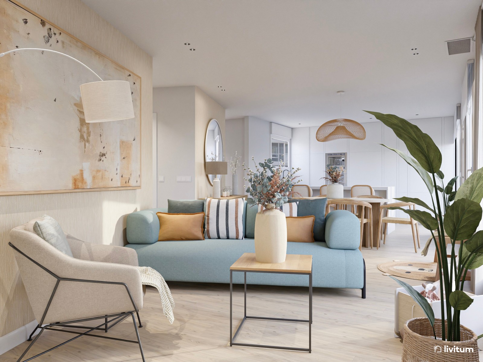 Salón comedor bohemio en tonos claros con acentos en celeste pastel