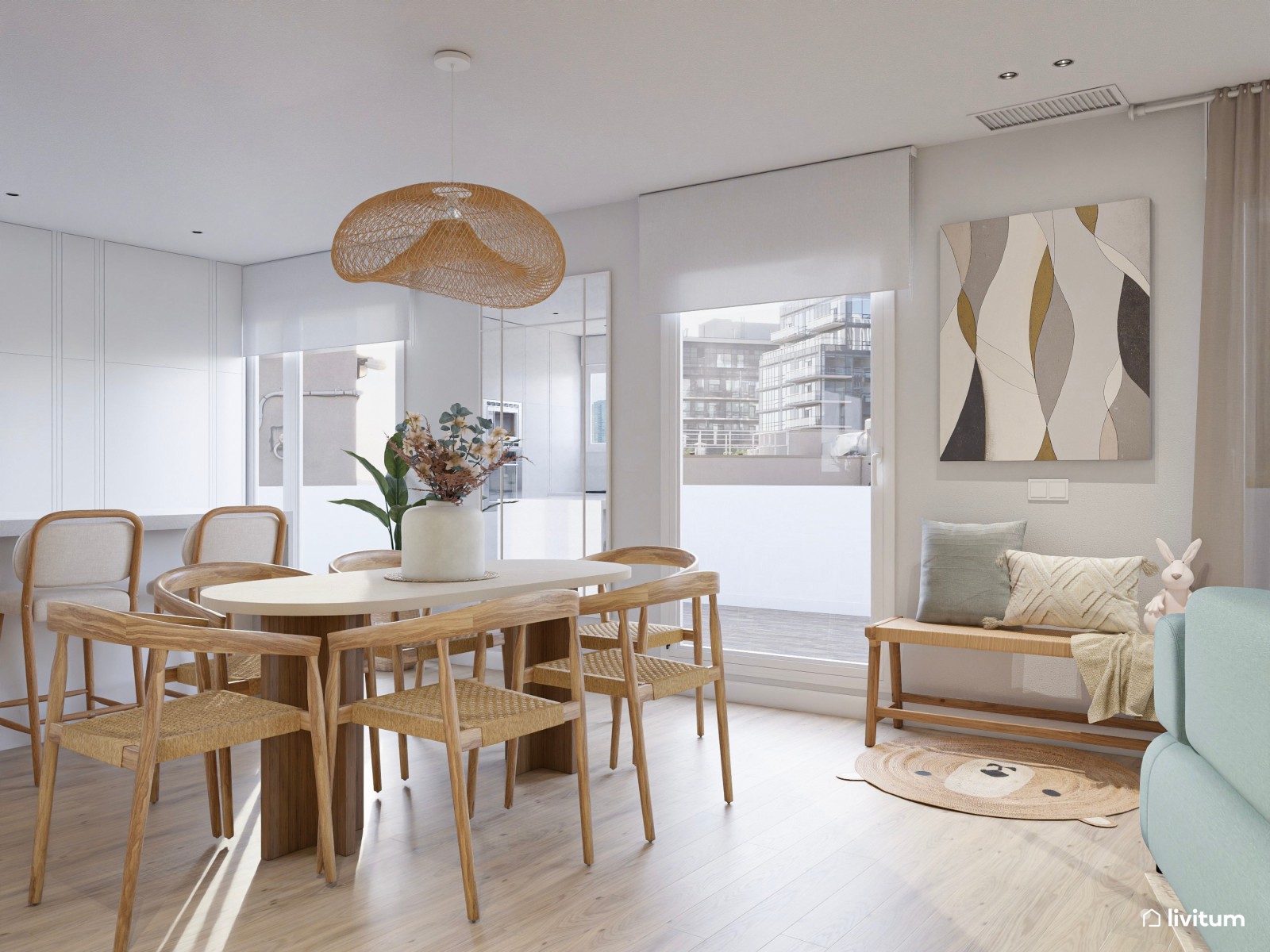 Salón comedor bohemio en tonos claros con acentos en celeste pastel