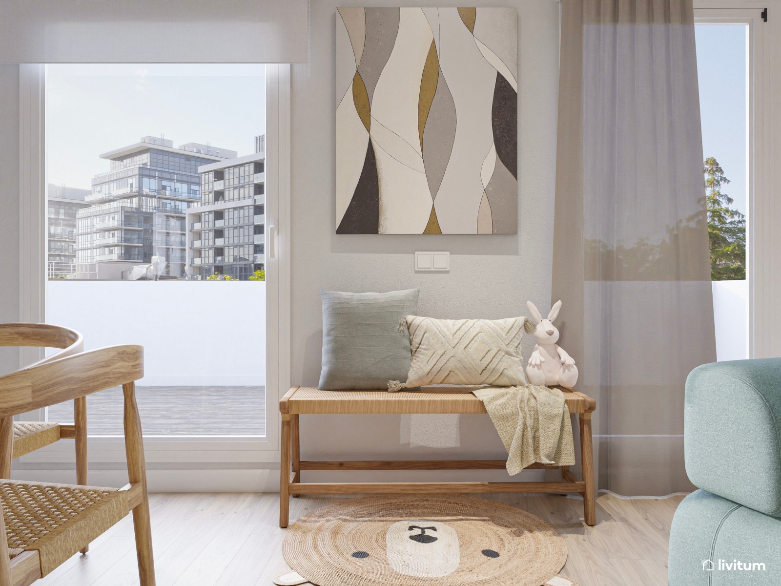 Salón comedor bohemio en tonos claros con acentos en celeste pastel