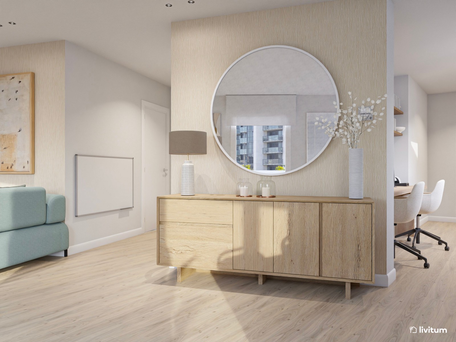 Salón comedor bohemio en tonos claros con acentos en celeste pastel