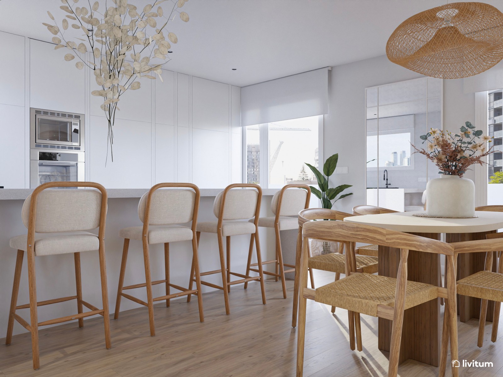 Salón comedor bohemio en tonos claros con acentos en celeste pastel