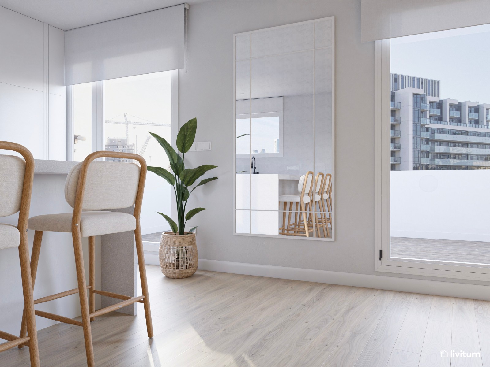 Salón comedor bohemio en tonos claros con acentos en celeste pastel