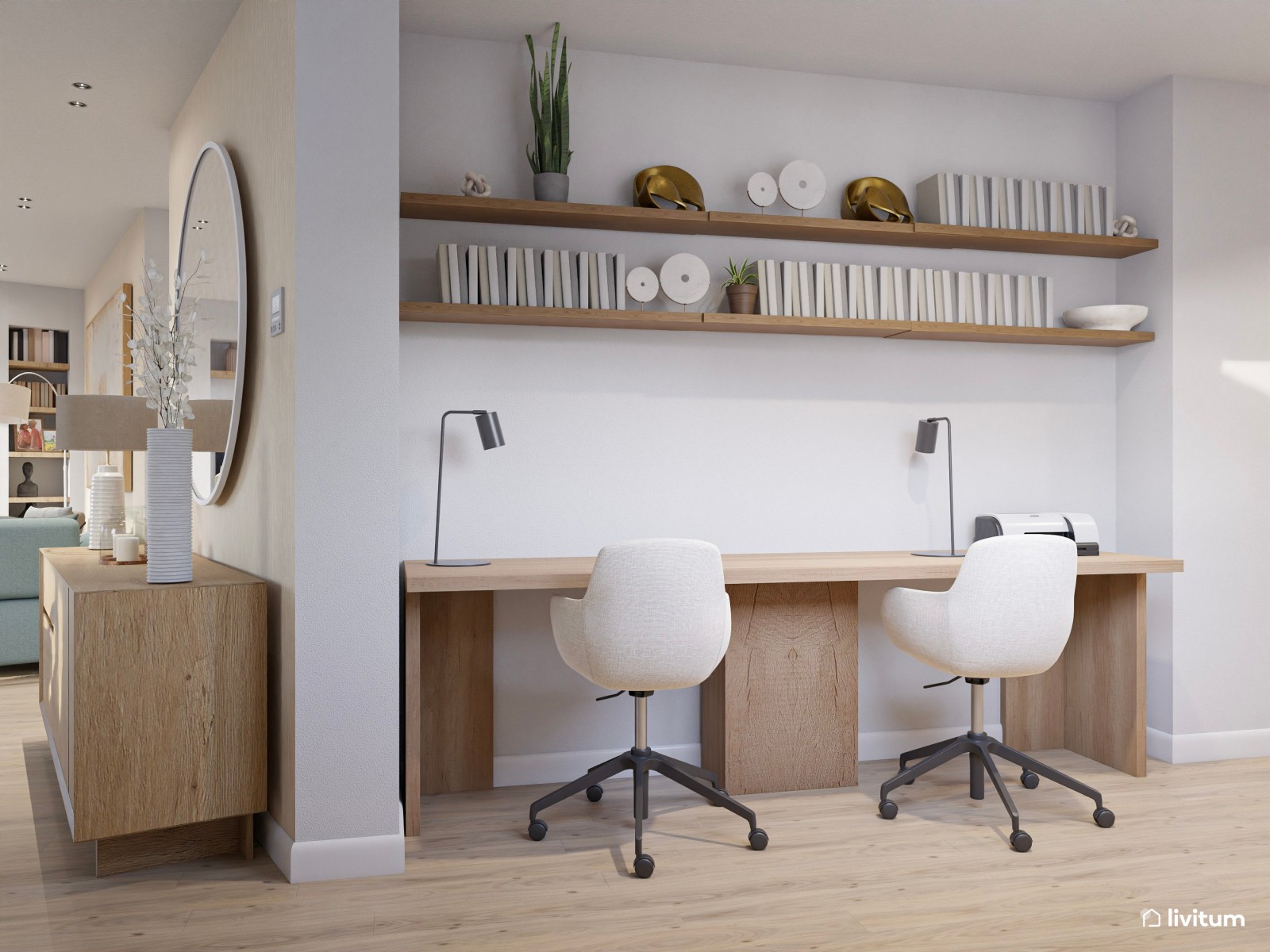 Salón comedor bohemio en tonos claros con acentos en celeste pastel