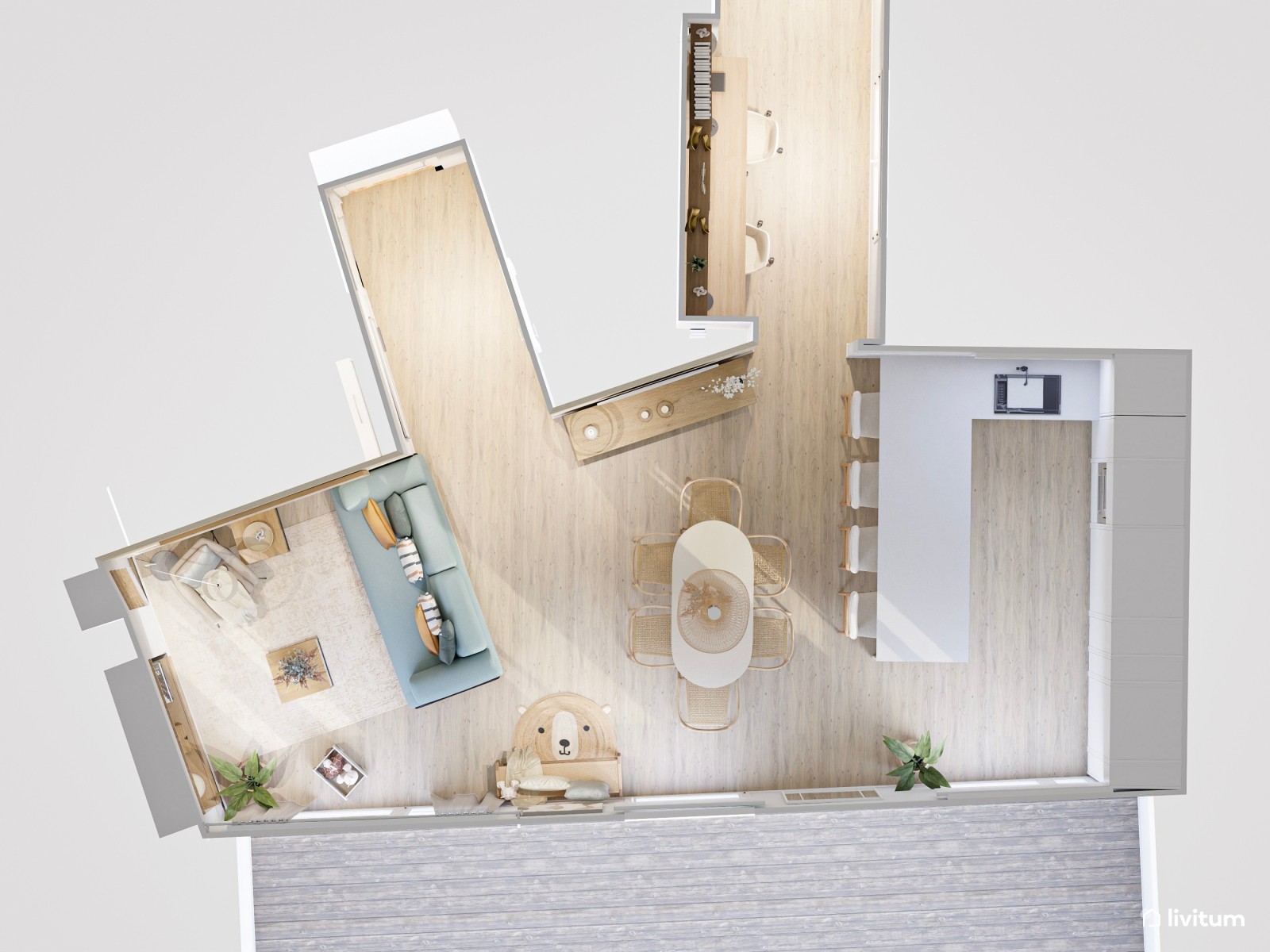 Salón comedor bohemio en tonos claros con acentos en celeste pastel